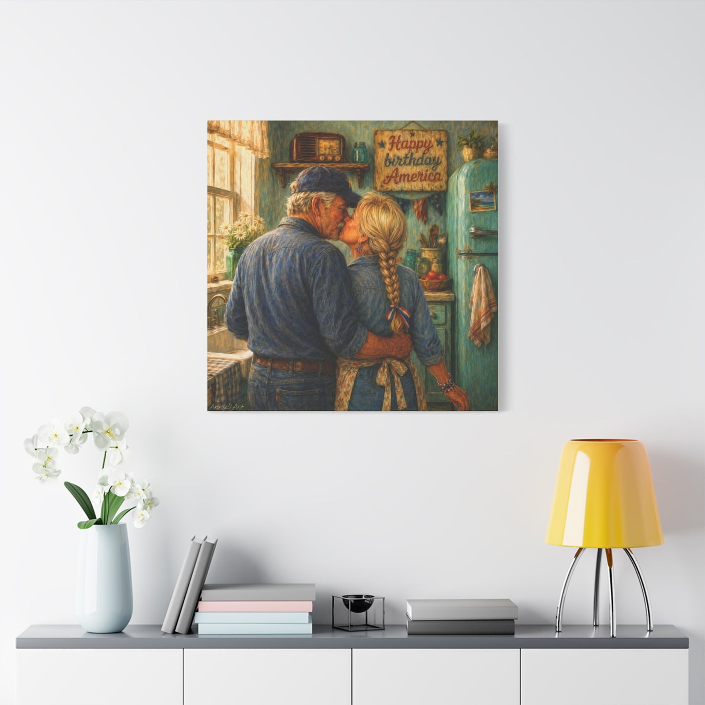 Patriotic Kitchen Romance Canvas Wall Art — "Happy Birthday America" Stretched Matte Print