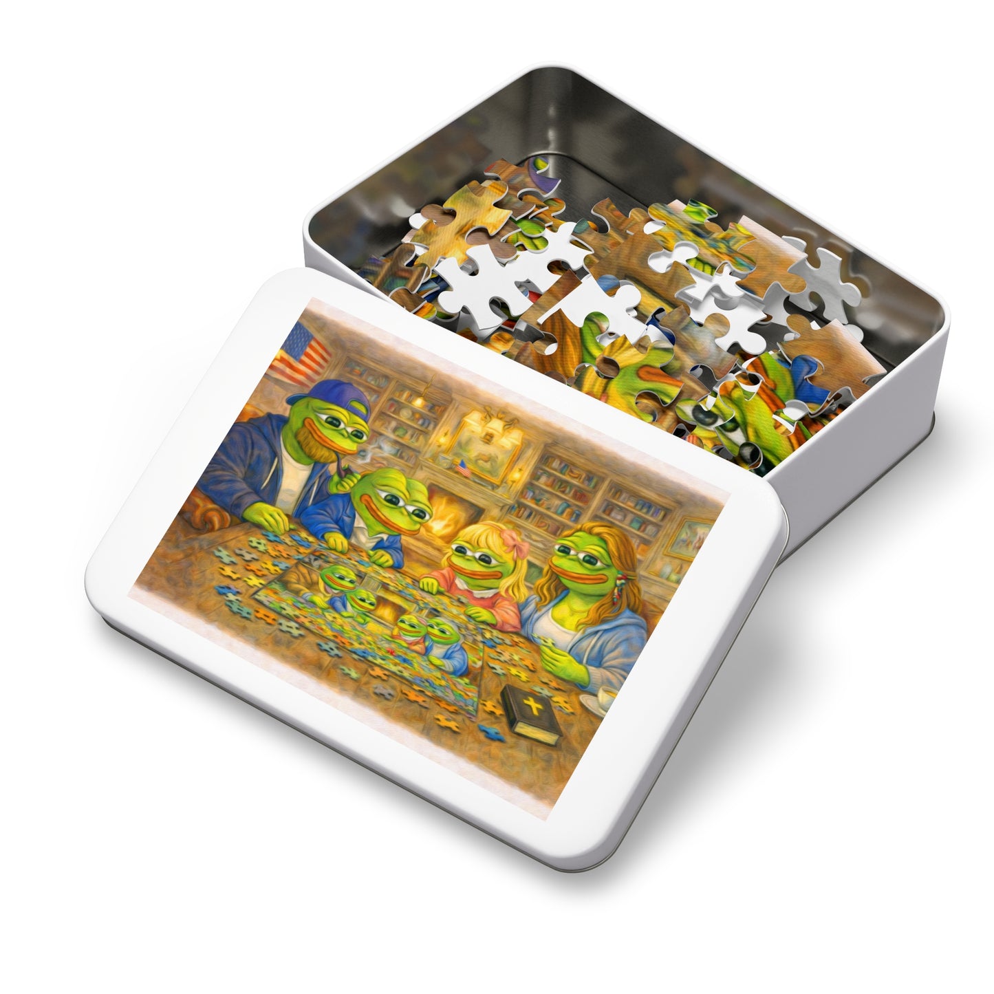 Family Game Night Jigsaw Puzzle with Tin — Cozy Cabin Pepe Frog Scene
