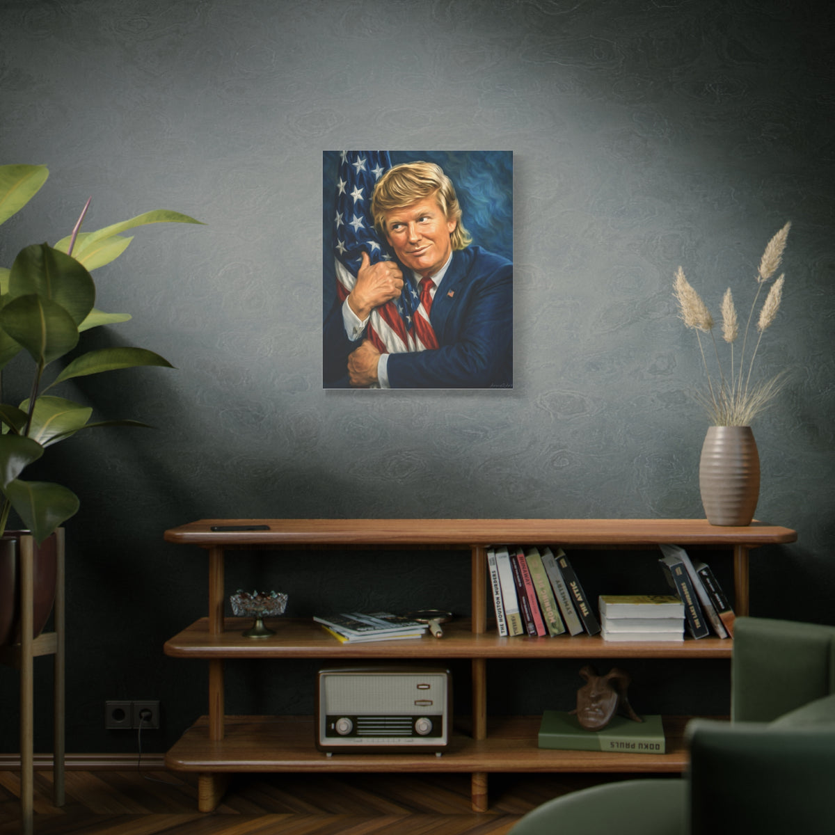 Trump Hugging American Flag— Portrait Canvas