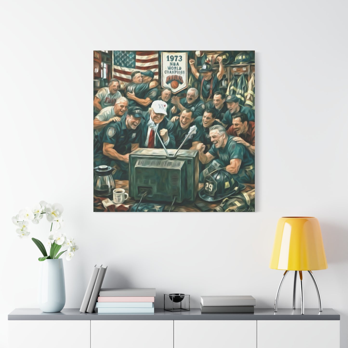 Trump Watching Knicks Game w/ FDNY &NYPD (Knicks 1973 Banner)
