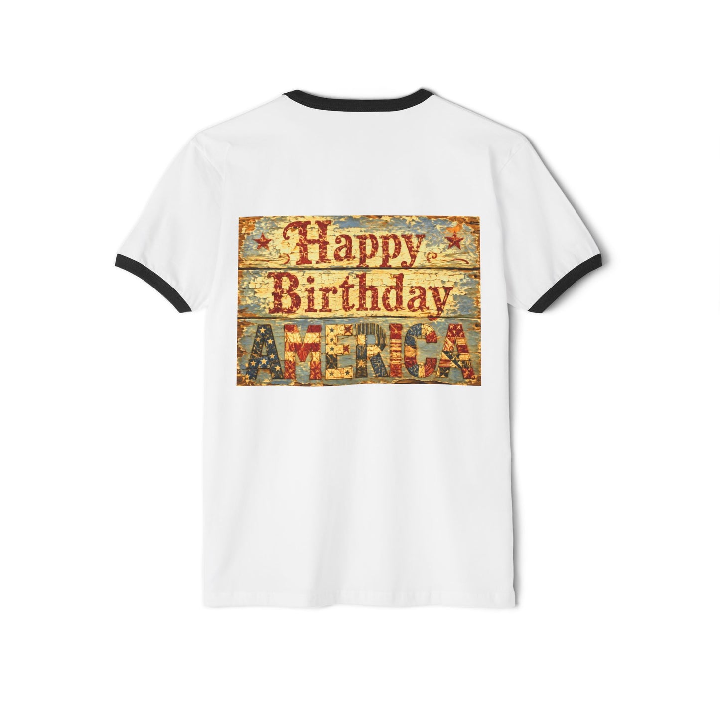 Old 1970’s Style Ringer T-Shirt — Vintage Beach Bungalow Front & Back Design-“Happy Birthday America” Wood Sign
