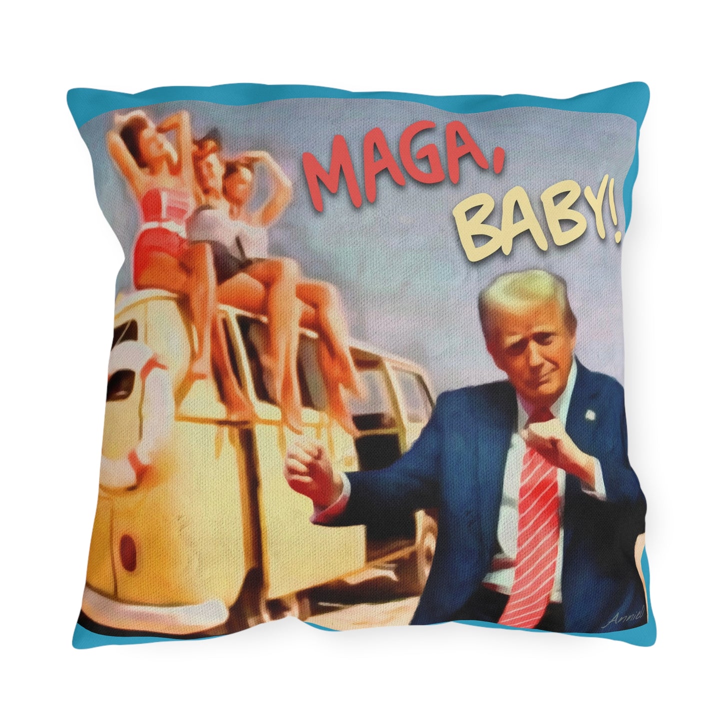 Political Graphic Outdoor Pillow — "MAGA, Baby!" Retro Beach Design