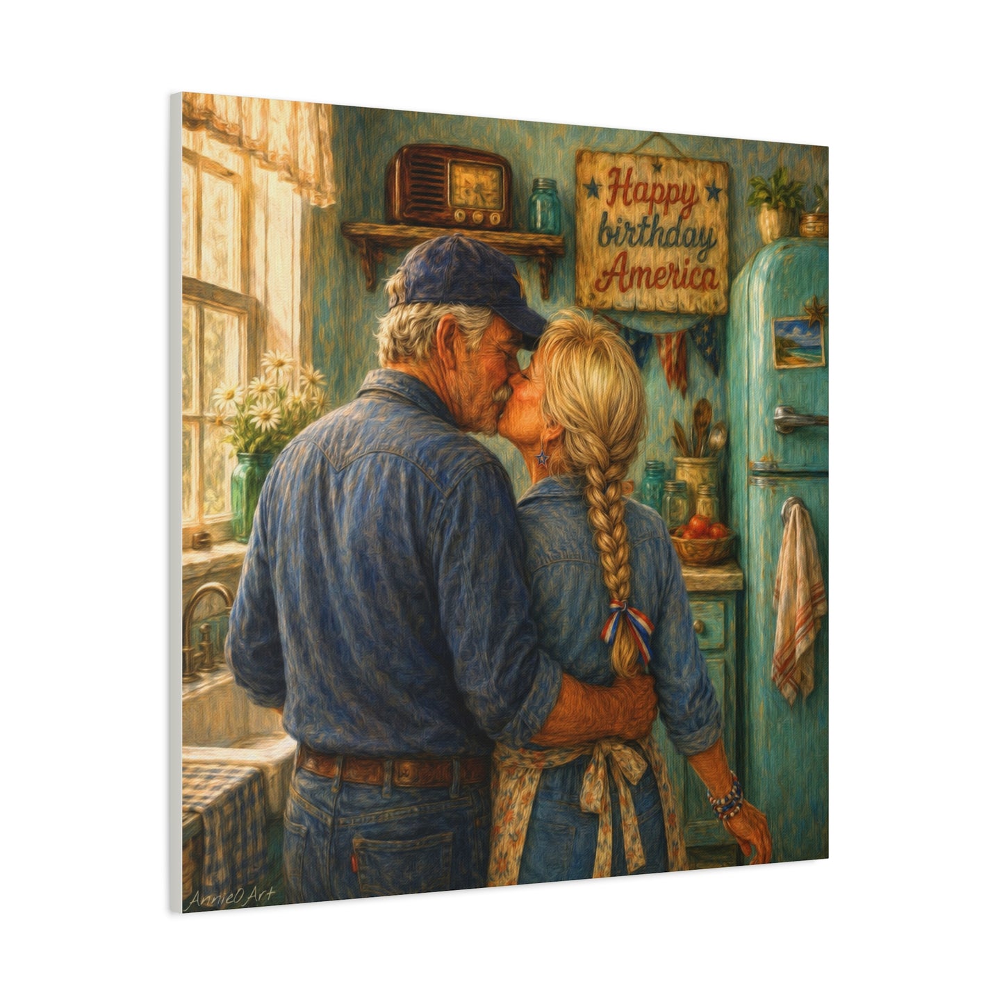Patriotic Country Kitchen Canvas - "Happy Birthday America" Rustic Couple Wall Art