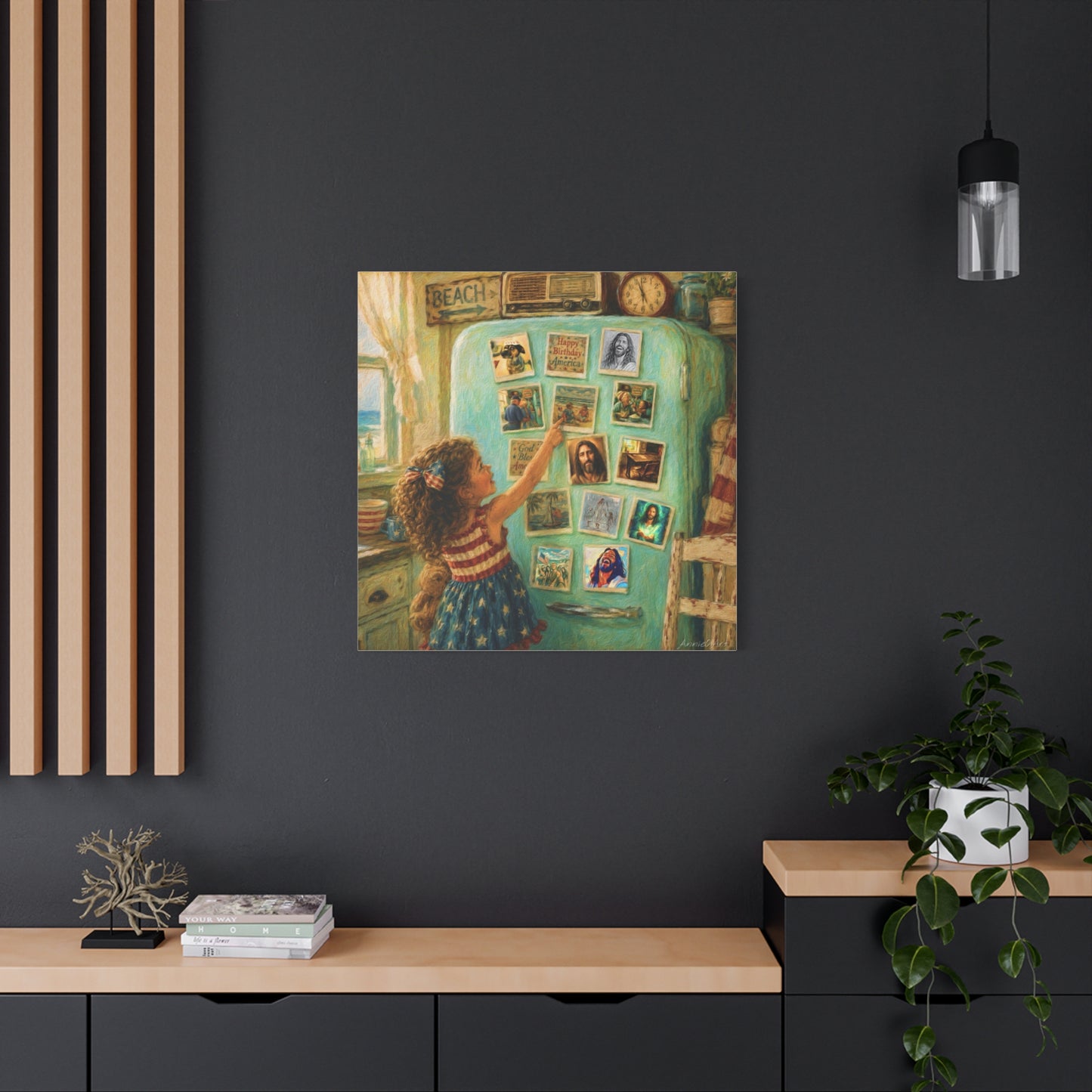 Americana Canvas Wall Art — Little Girl Pointing at Magnets on Vintage Fridge (Matte Stretched)