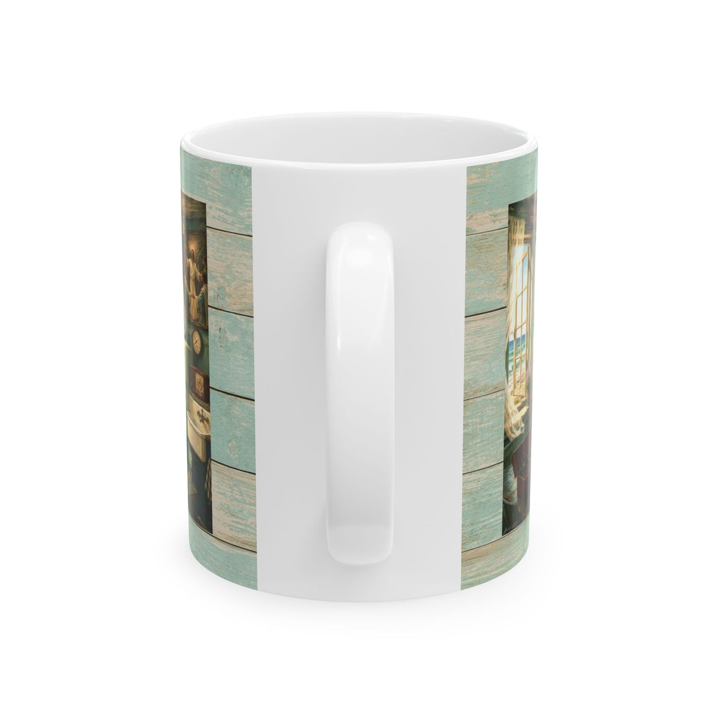 Coastal Vintage Beach Cottage Ceramic Mug — Seaside Window & Shells Design (11oz/15oz)