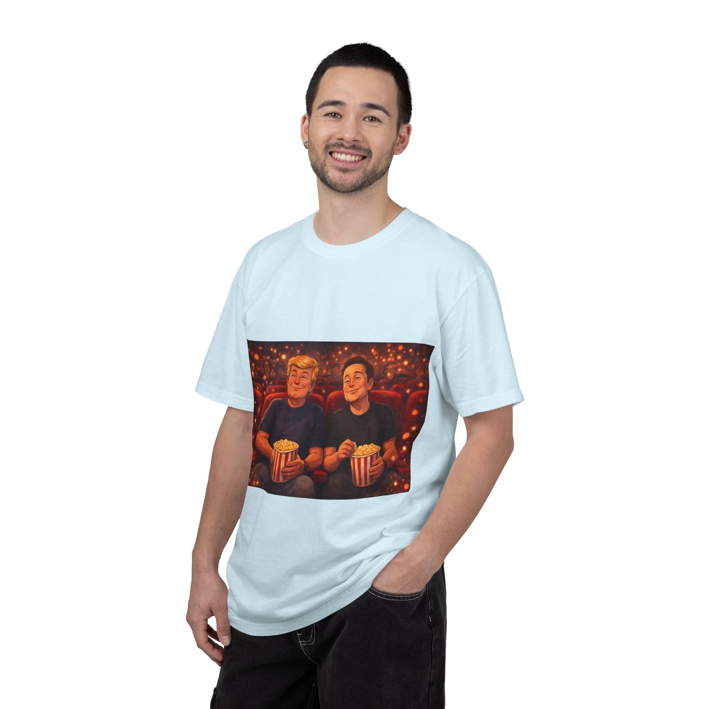 Trump & Elon—Movie Night Popcorn Tee — Cozy Cinematic Graphic T-Shirt