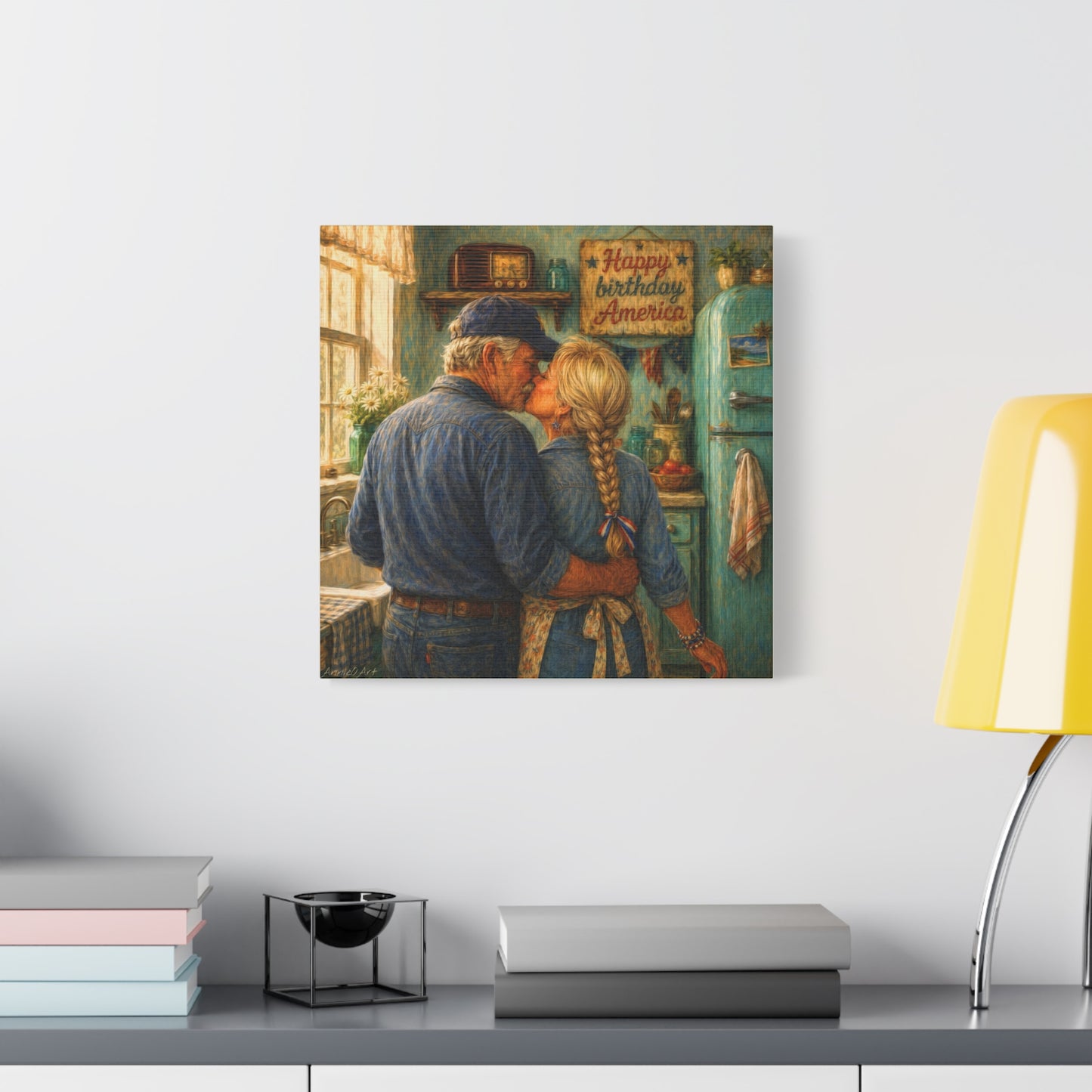 Patriotic Kitchen Romance Canvas Wall Art — "Happy Birthday America" Stretched Matte Print