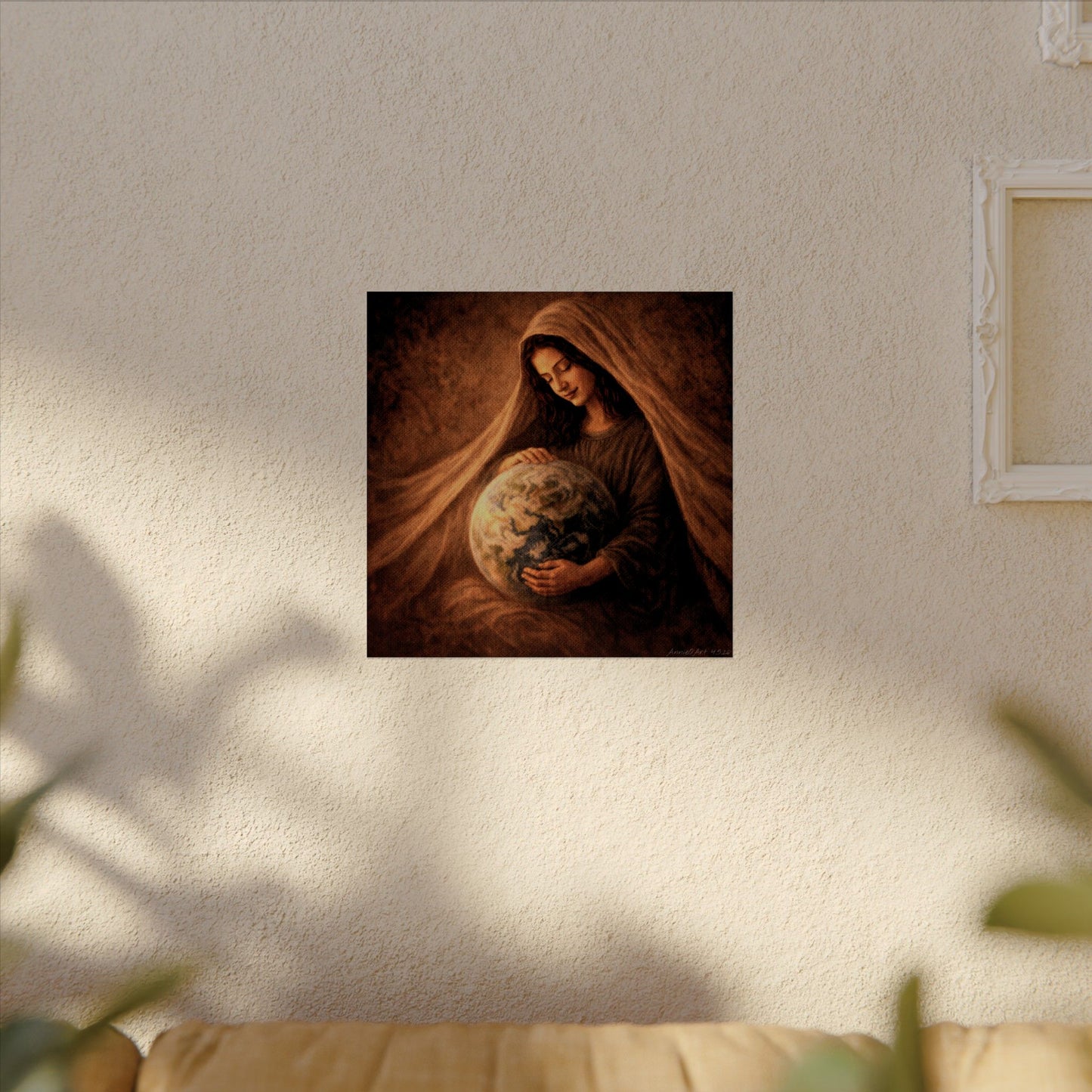 Mary, Jesus’ Mother,  Cradling & Praying for the Earth & Her People,  Textured Matte Art Print Poster
