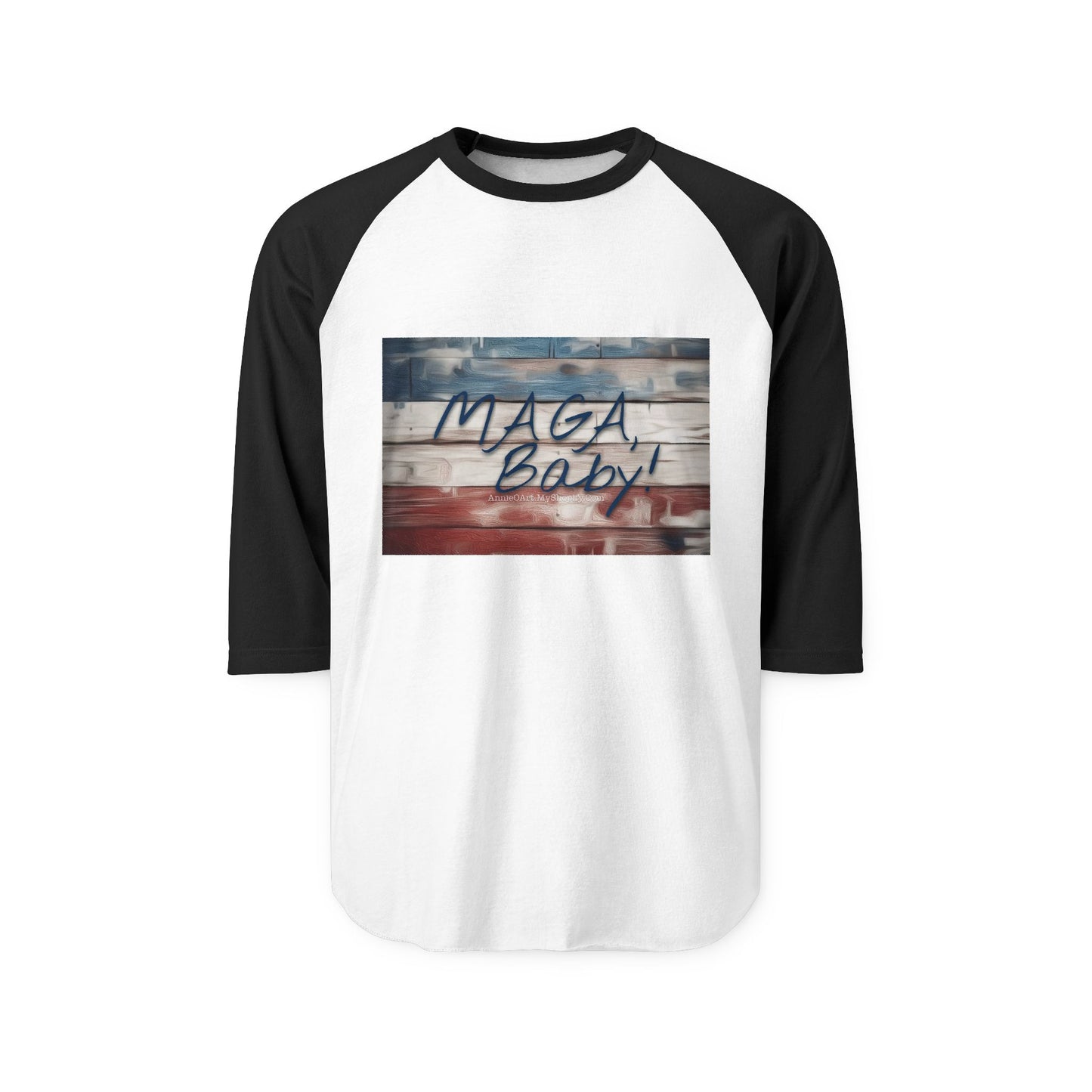 Raglan Shirt — "MAGA Baby" Distressed American Flag Baseball Tee