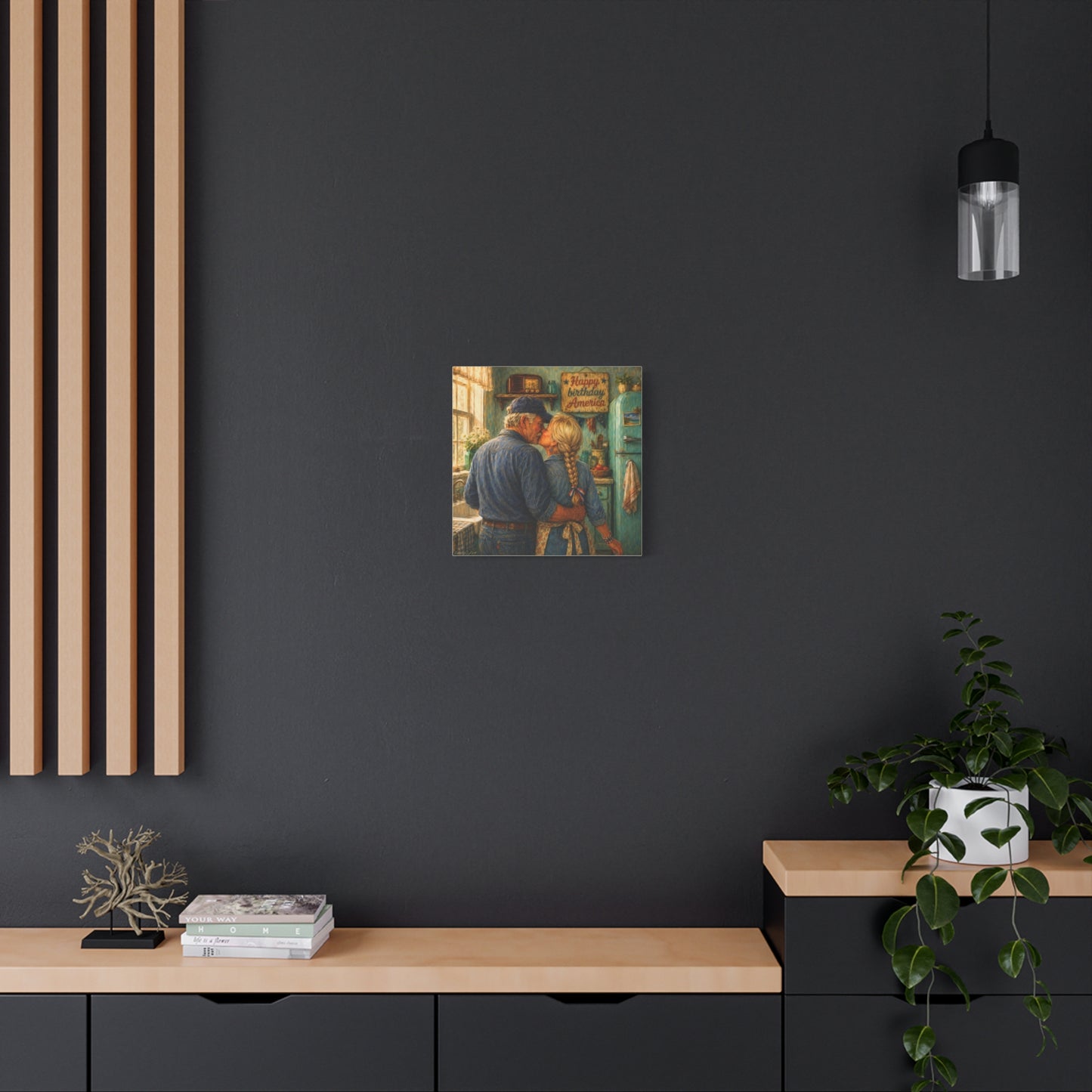 Patriotic Kitchen Romance Canvas Wall Art — "Happy Birthday America" Stretched Matte Print