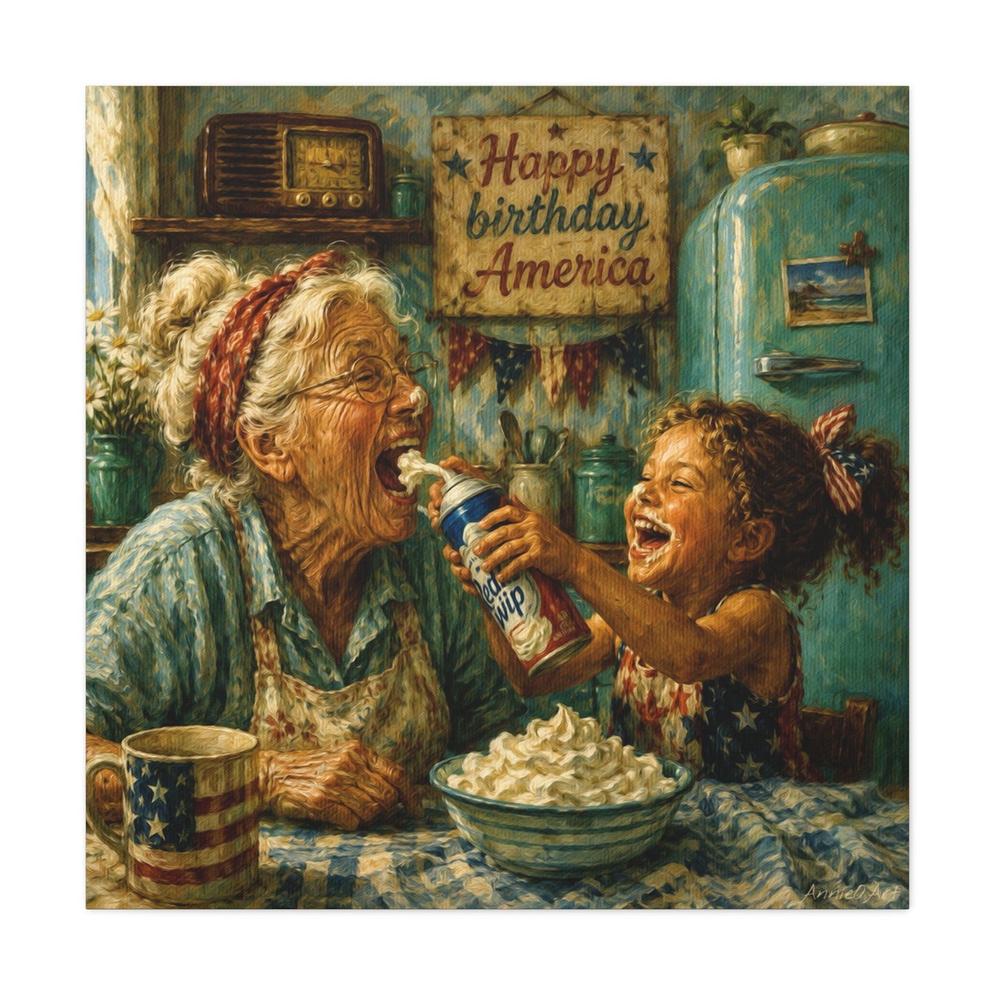 Happy Birthday America Canvas — Patriotic Grandma & Granddaughter Kitchen Wall Art