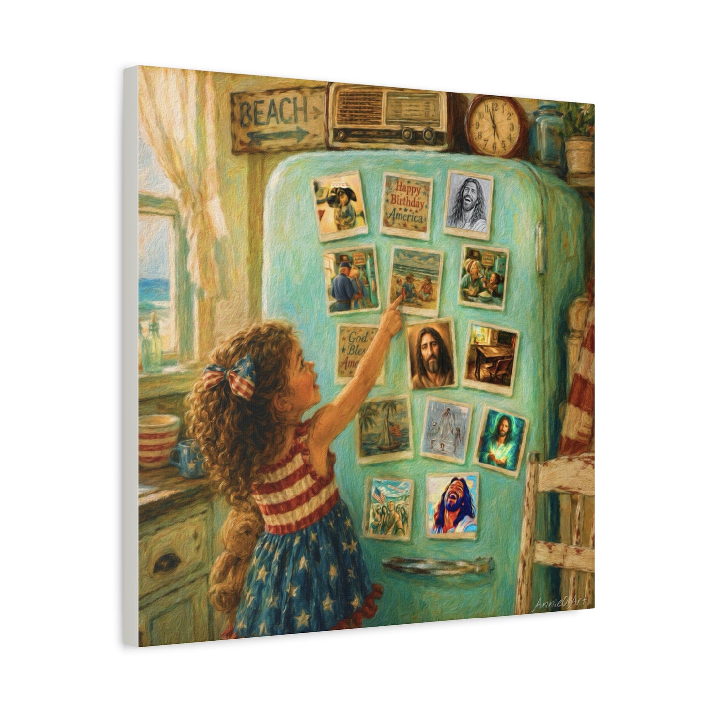Americana Canvas Wall Art — Little Girl Pointing at Magnets on Vintage Fridge (Matte Stretched)