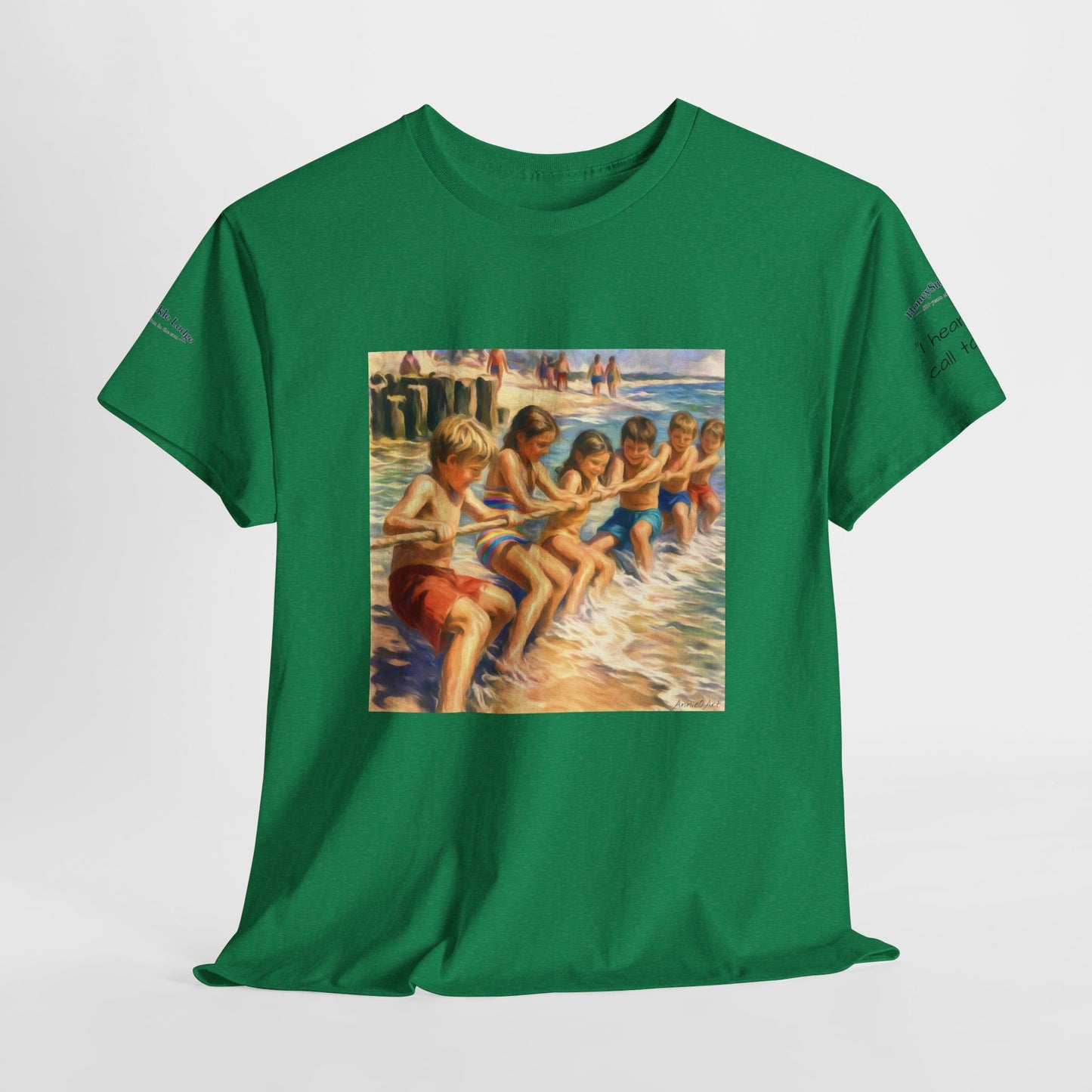 HoneySuckle Lodge Vintage Beach T-Shirt — "50+ years of fun in the sun" Retro Kids on Shore Design