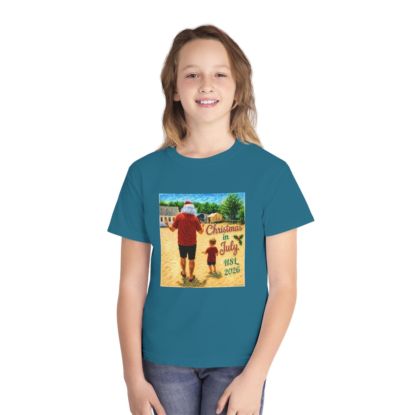 Dry-Blend Youth Tee — "Christmas in July" Beach Design 2026