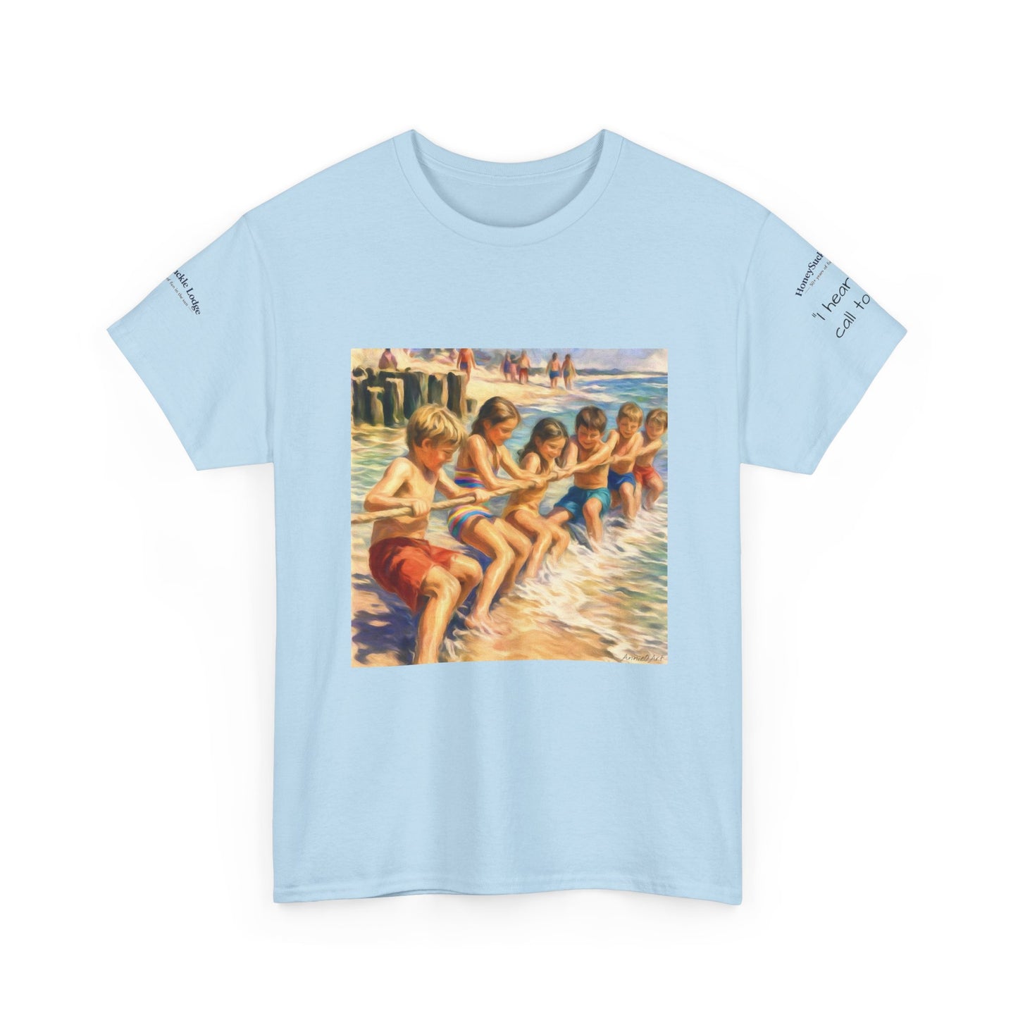 HoneySuckle Lodge Vintage Beach T-Shirt — "50+ years of fun in the sun" Retro Kids on Shore Design
