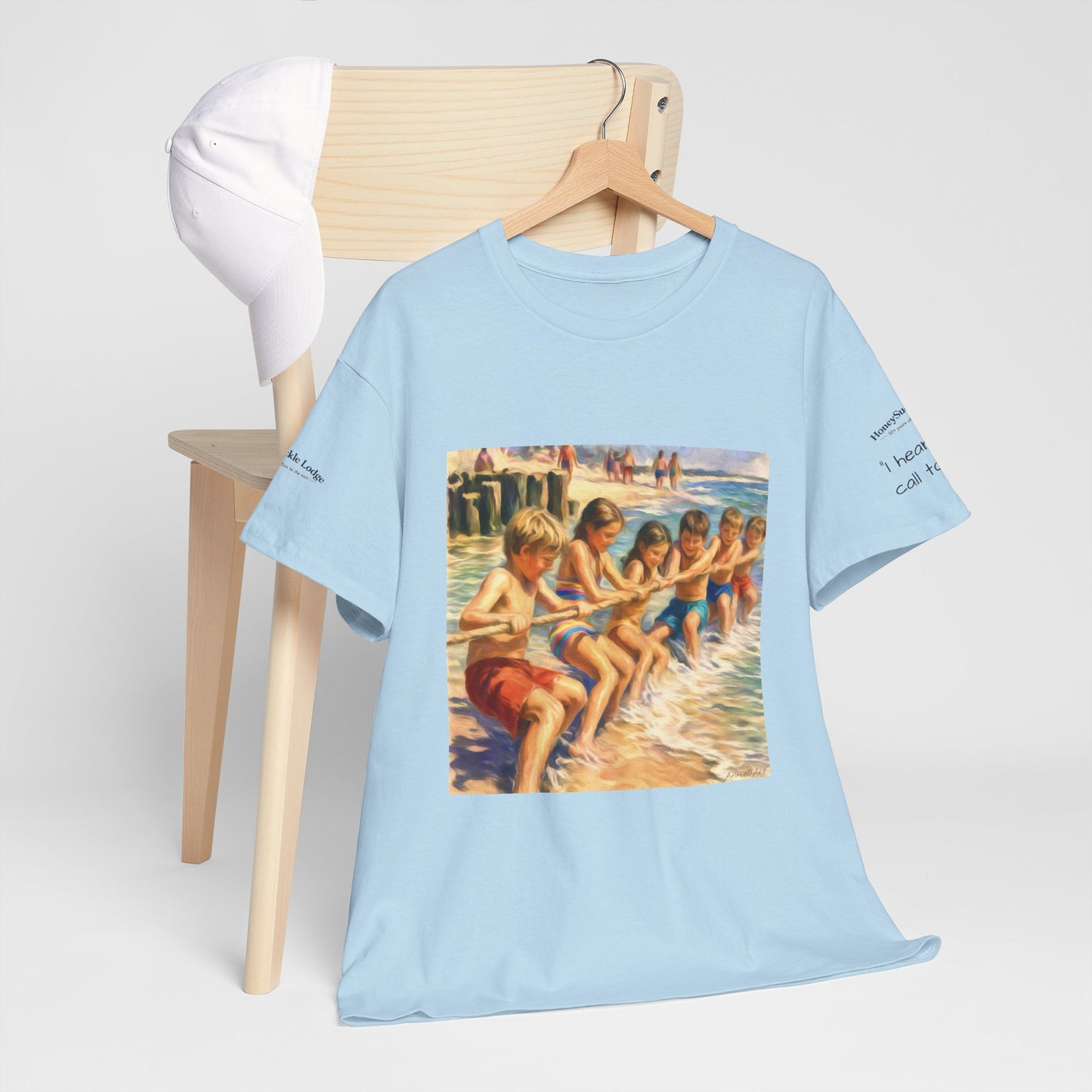 HoneySuckle Lodge Vintage Beach T-Shirt — "50+ years of fun in the sun" Retro Kids on Shore Design
