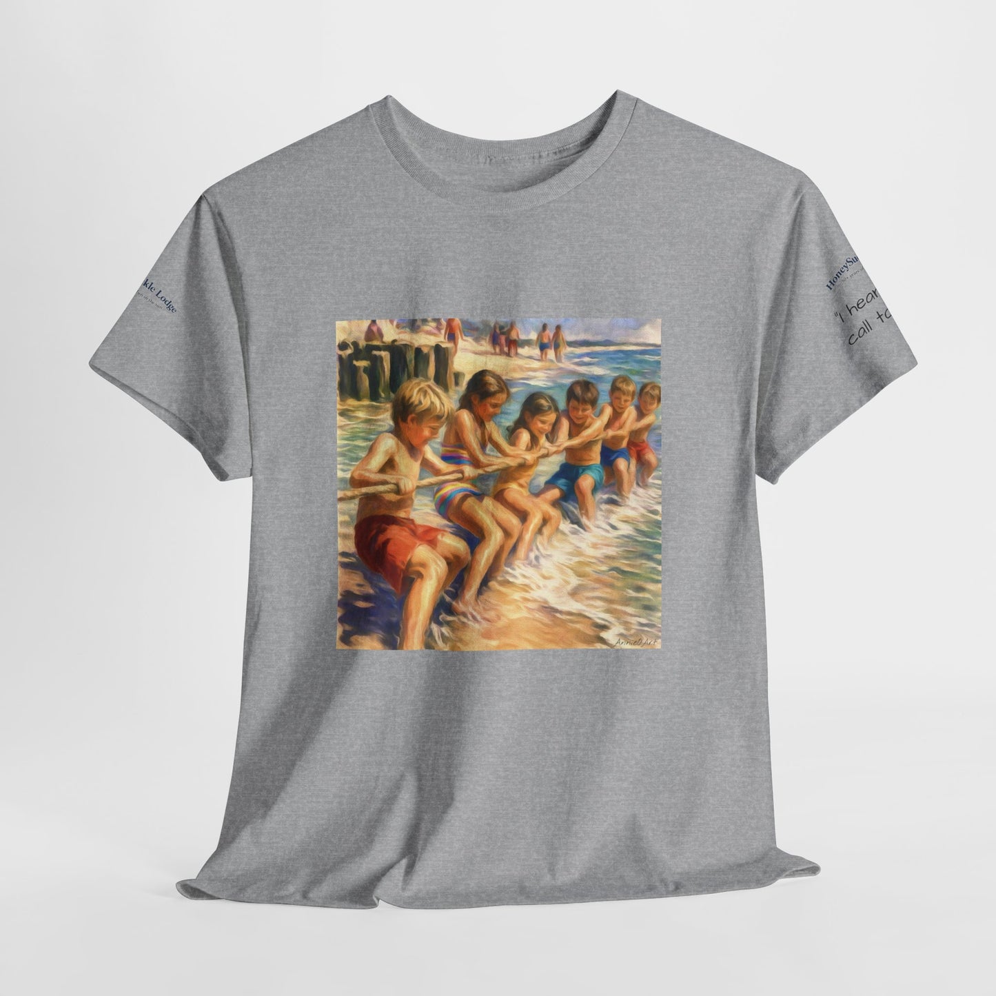 HoneySuckle Lodge Vintage Beach T-Shirt — "50+ years of fun in the sun" Retro Kids on Shore Design