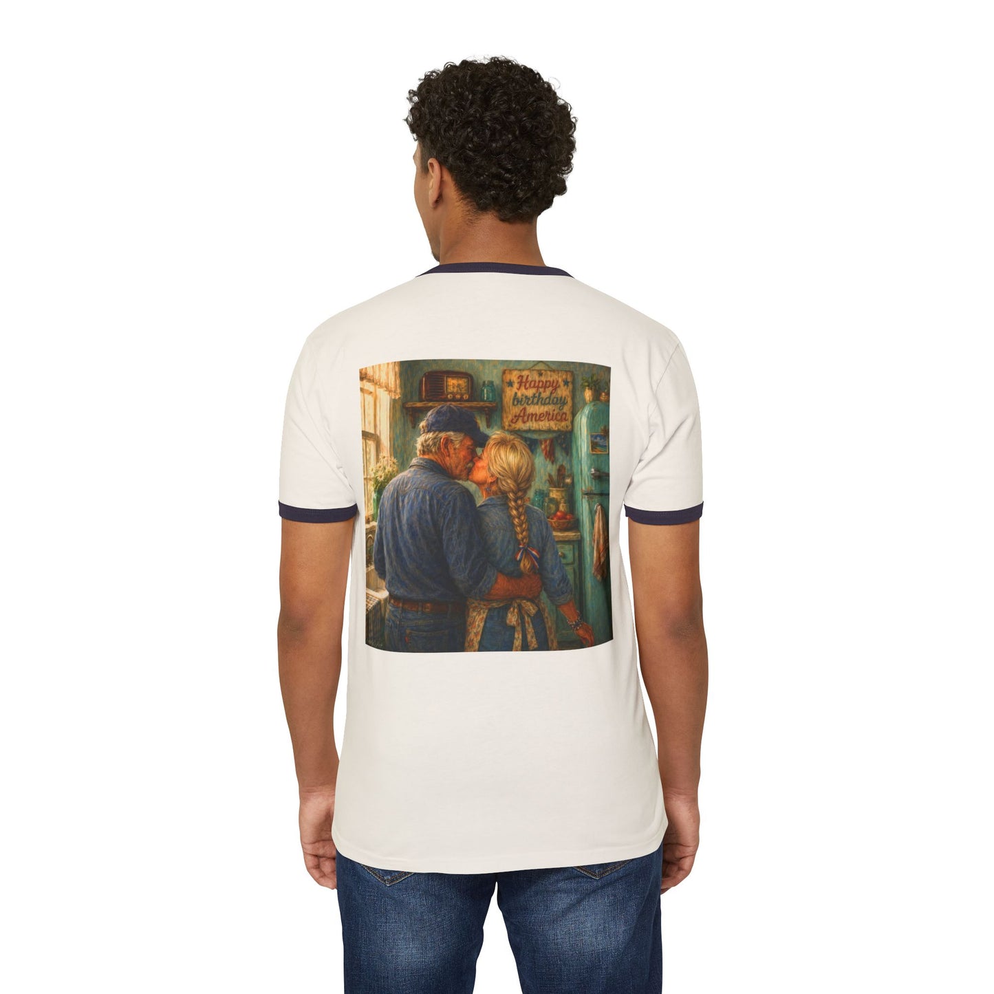 Happy Birthday America Ringer T-Shirt — Vintage Patriotic Couple Design