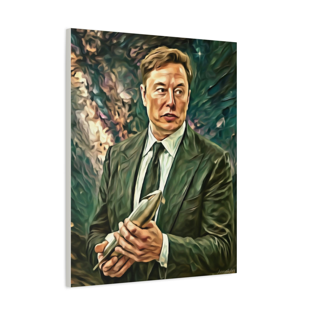 Elon Musk Holding Rocket, Oil-Paint Effect Canvas
