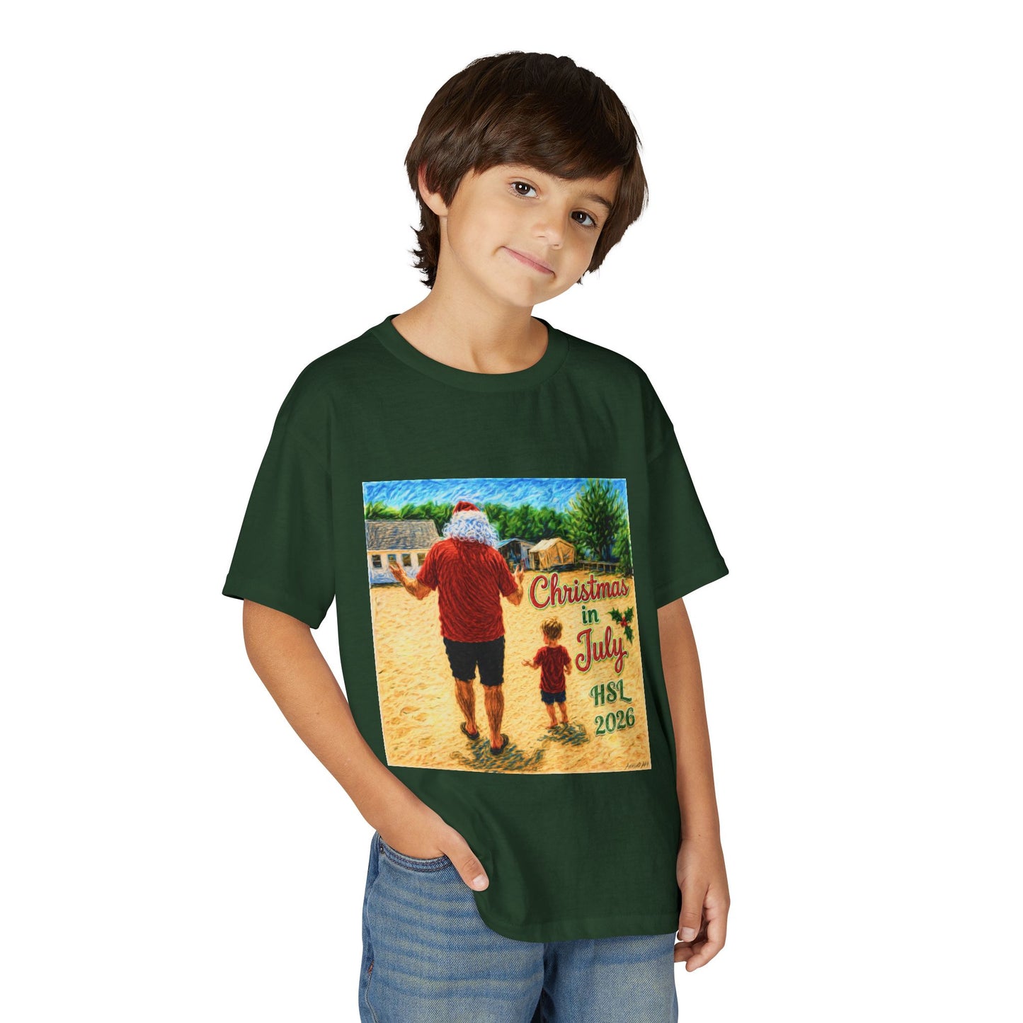 Youth T-Shirt — "Christmas in July" Beach Santa Kids Tee (HSL 2026)