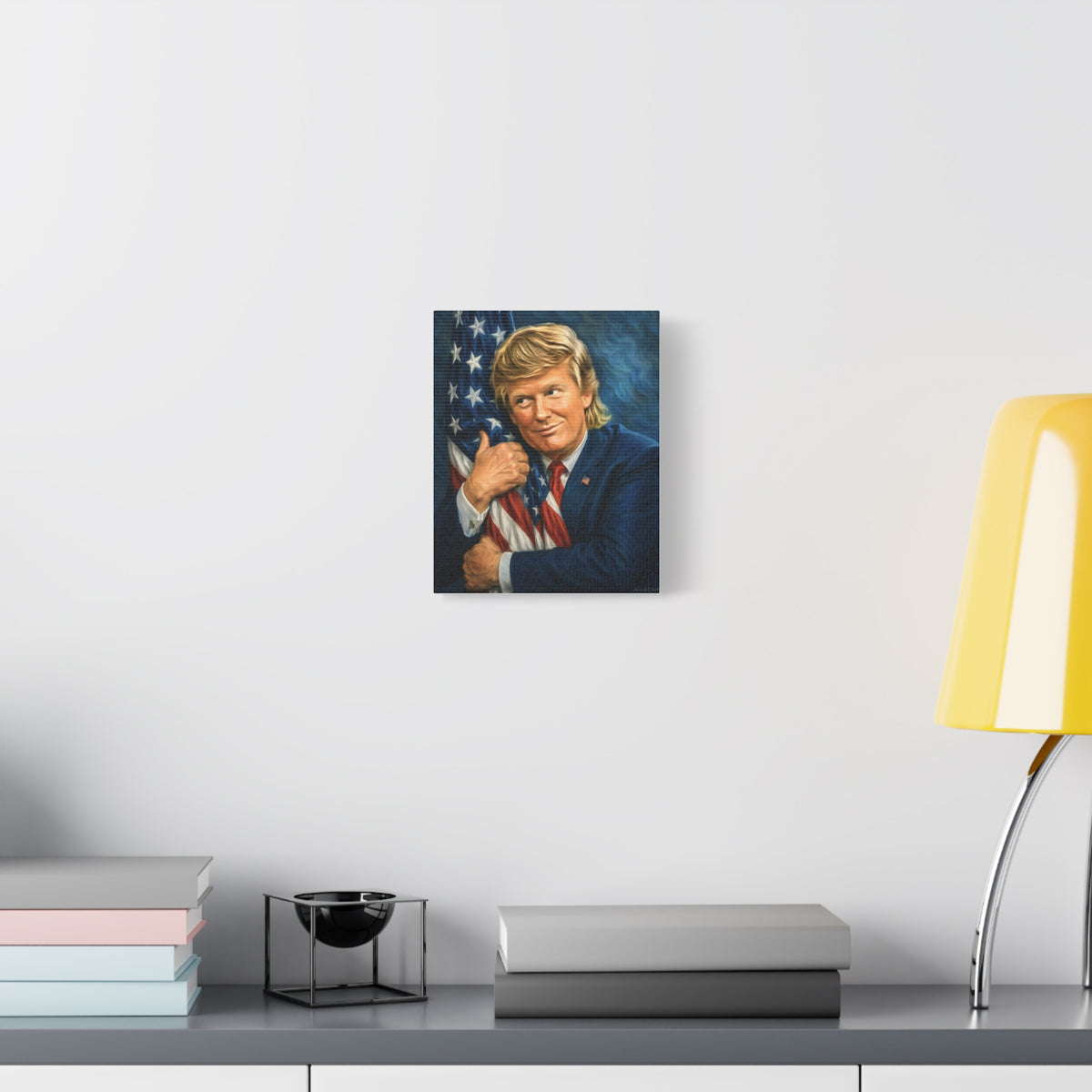 Trump Hugging American Flag— Portrait Canvas