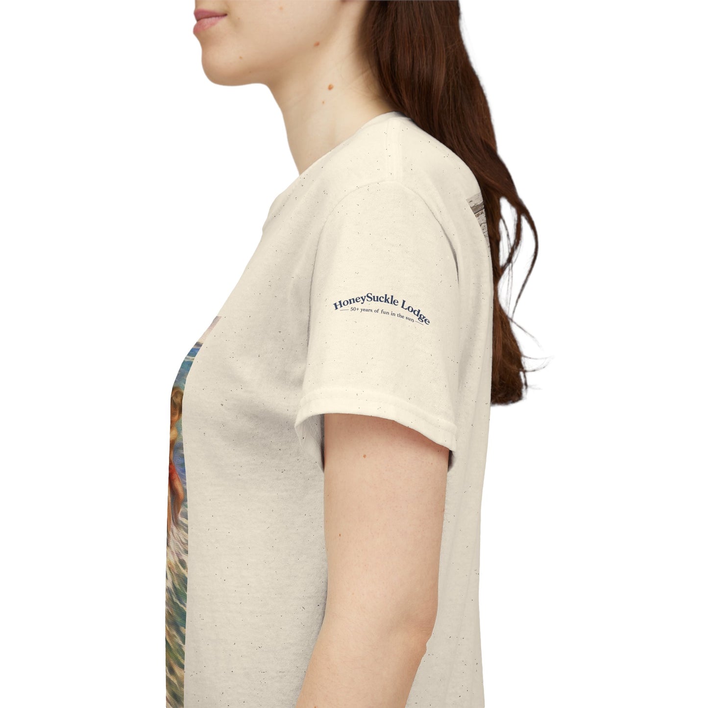Honeysuckle Lodge Vintage Beach Print tee shirt front/back ("Honeysuckle Lodge - 50+ years of fun in the sun")