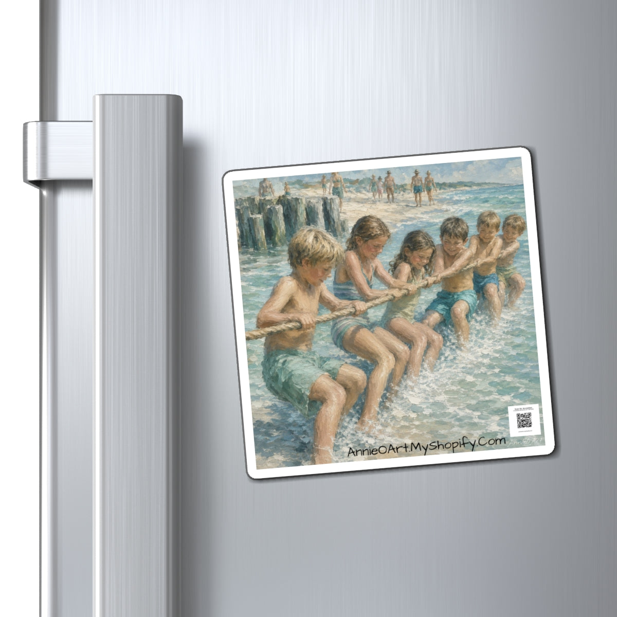 Beach Tug-of-War Kids Magnet — Vintage Summer Seaside Art Refrigerator Magnet