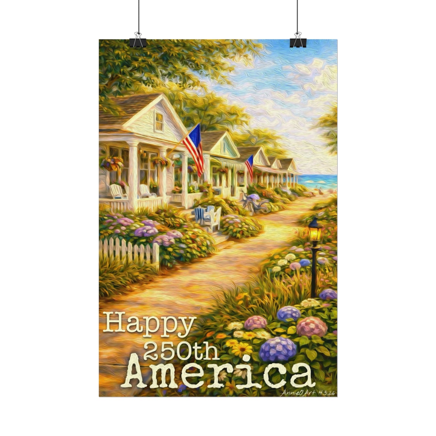 Happy 250th America Poster — Patriotic Coastal Watercolor Matte Print