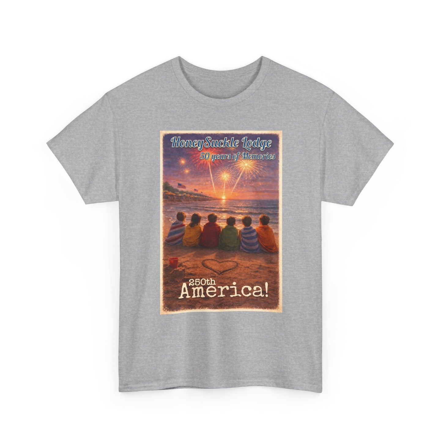 HoneySuckle Lodge 50th—Patriotic Sunset Beach T‑Shirt – 'God Bless America' Vintage Kids Watching Fireworks