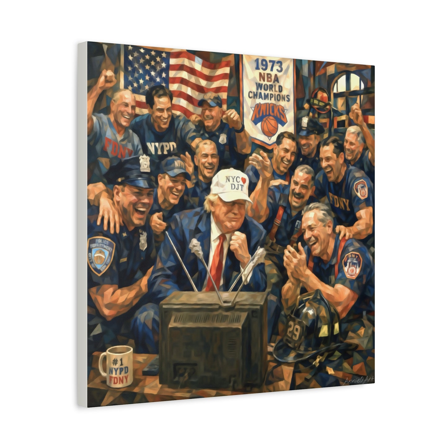 Trump Patriotic NYC Firefighters  Matte Stretched Canvas — Vintage NYPD Tribute Wall Art