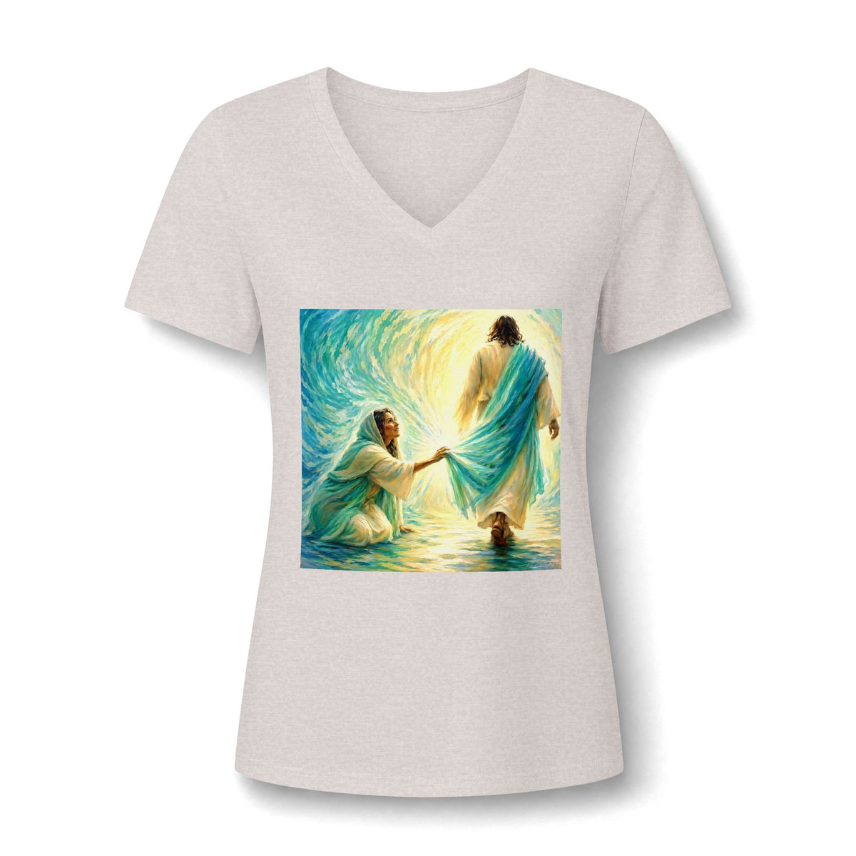 Women's V-Neck Tee — 'He Lifts Us' Christian Inspirational Graphic Shirt