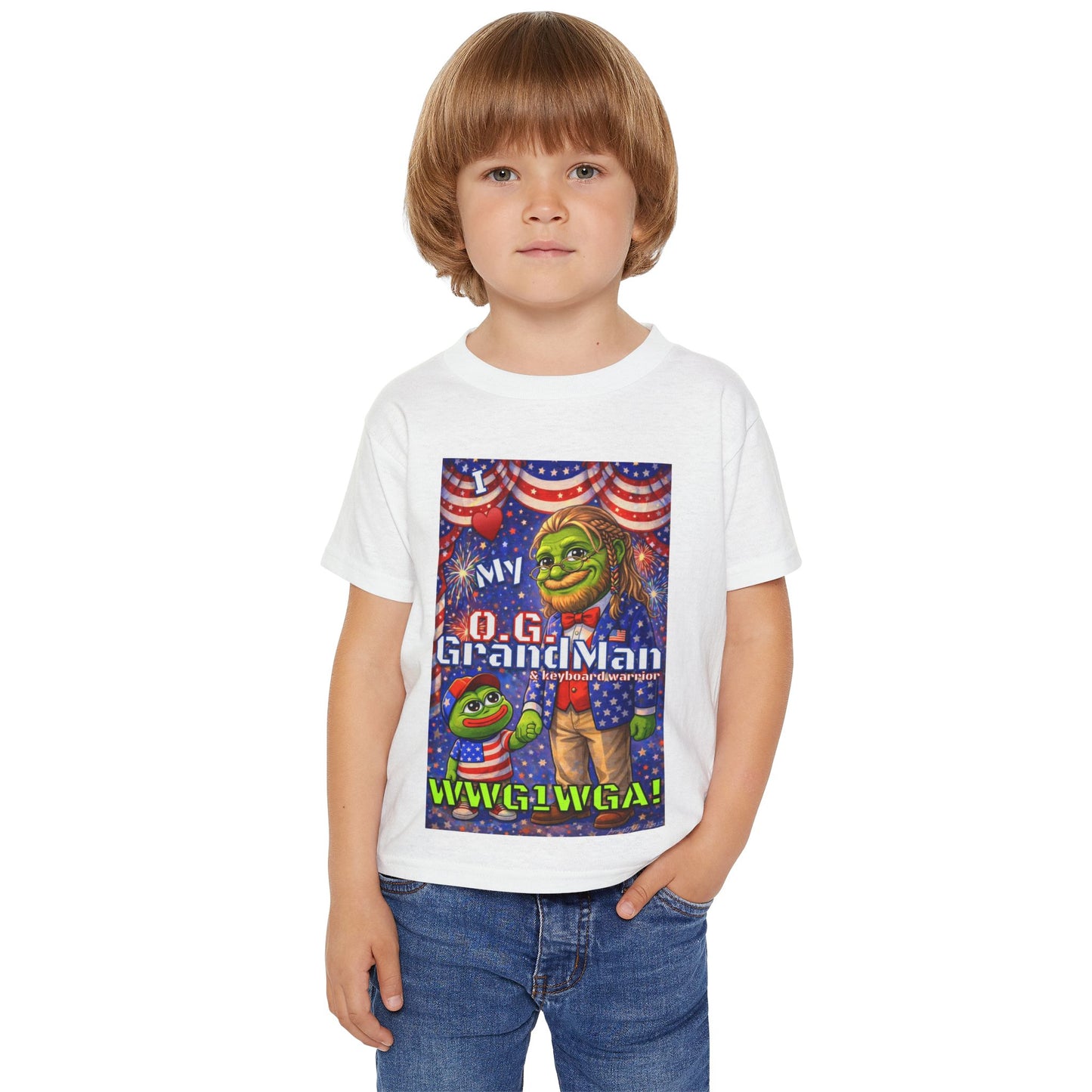GrandMan/Grandpa Anons & Keyboard Warriors — "I ♥️ My O.G. GrandMan" Patriotic Frog Kids Tee (WWG1WGA)