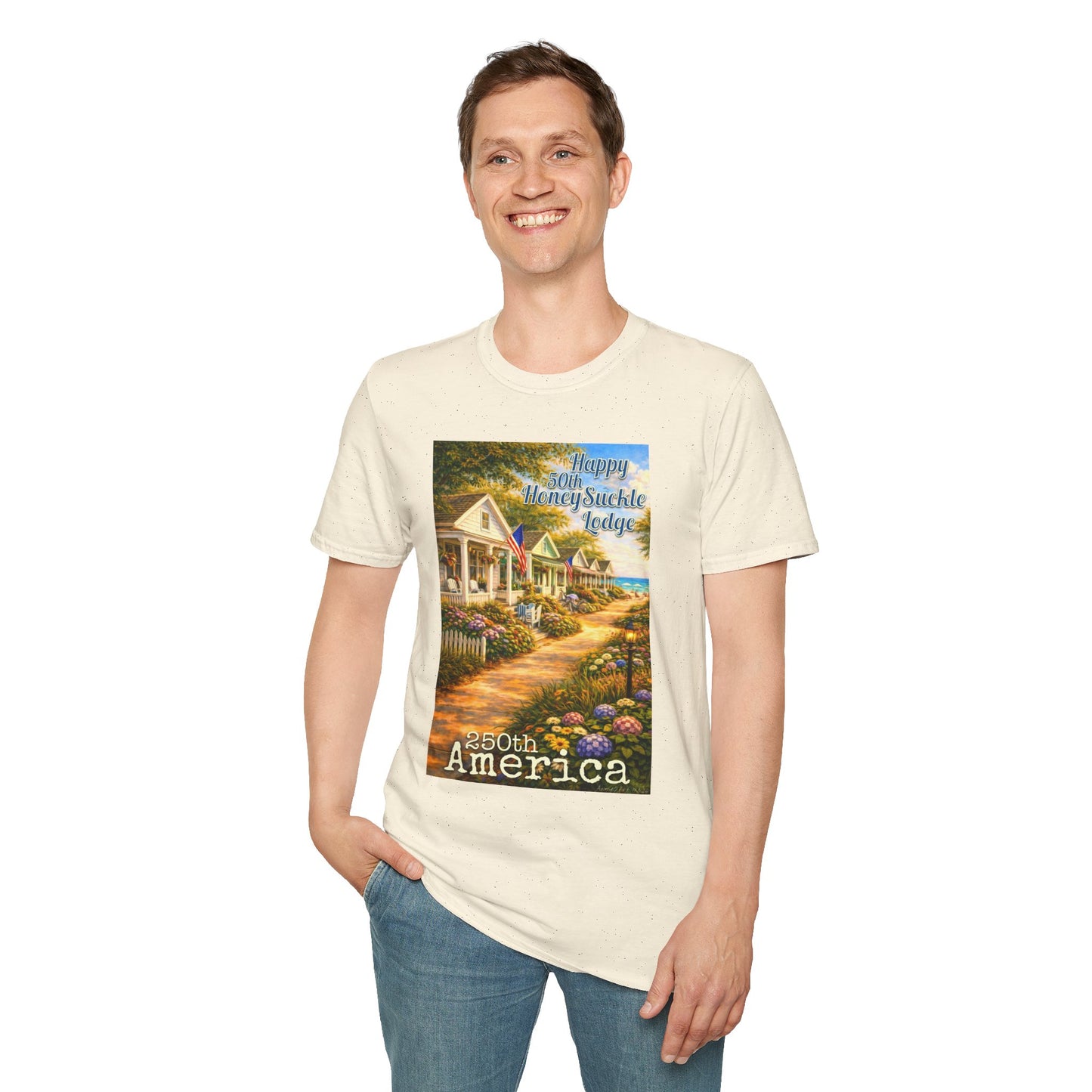 HoneySuckle Lodge 50th—America 250th Bungalow Path T-Shirt —Front & Back Design- Happy 250th Anniversary USA Patriotic Tee