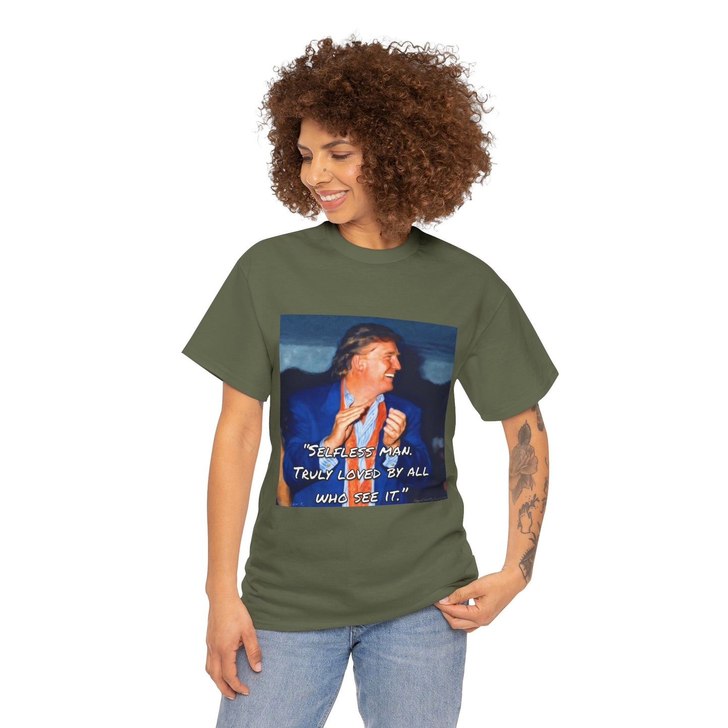 Vintage Portrait Tee with Quote – “Selfless Man, Truly Loved by All Who See It”