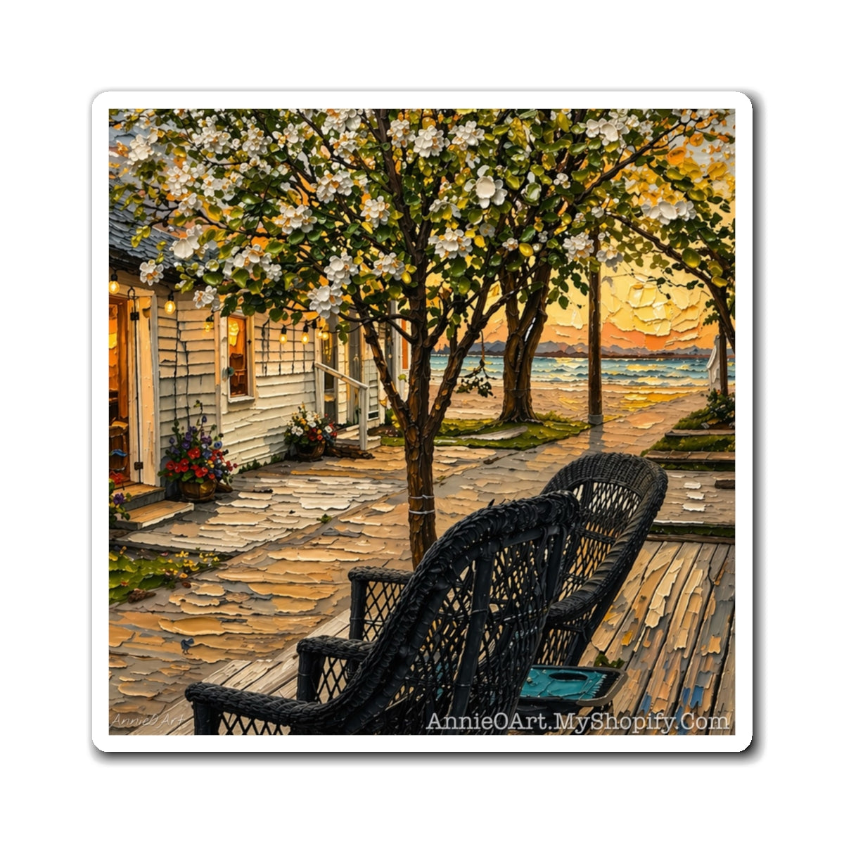 Coastal Porch Sunset Magnet — Nautical Beach House Art Refrigerator Magnet