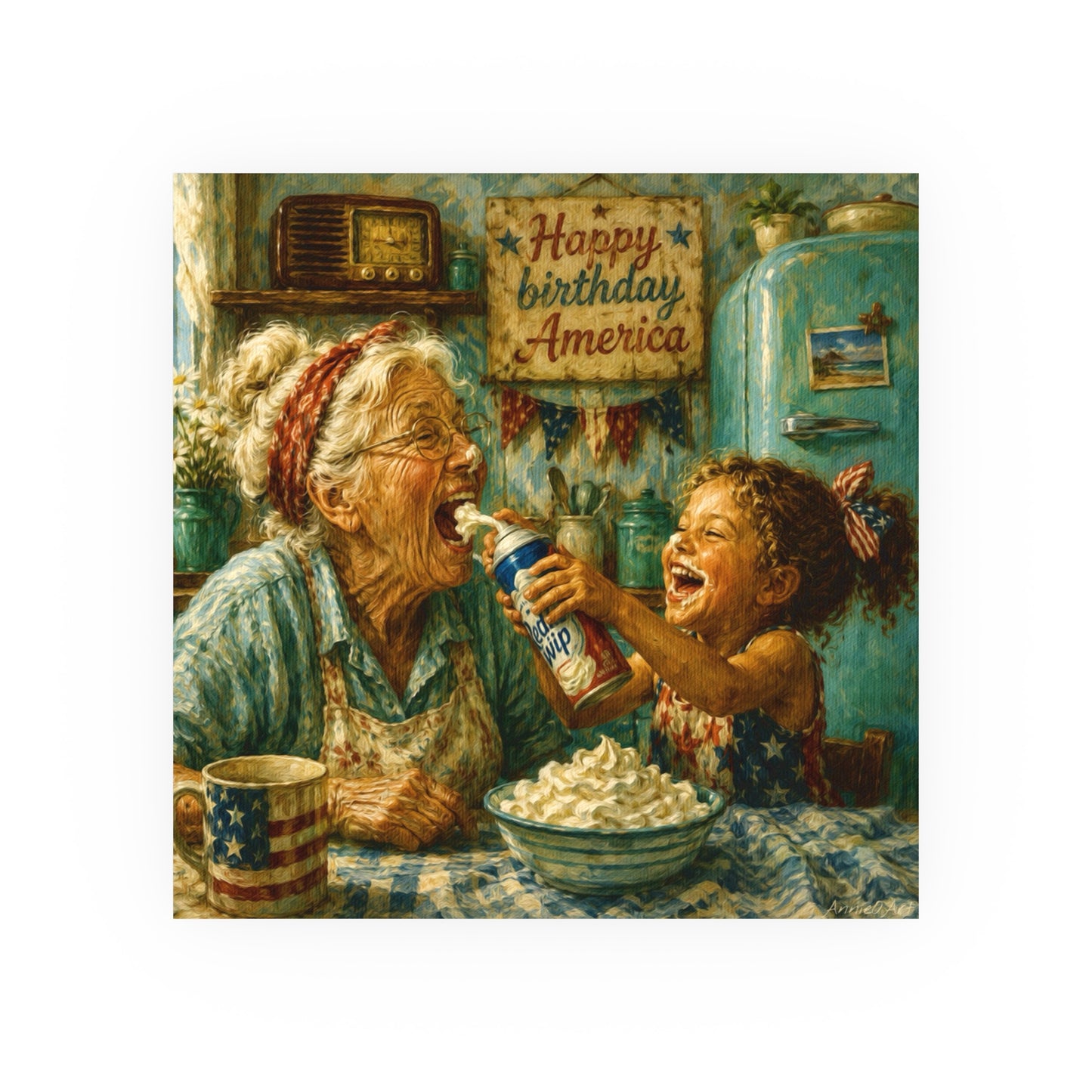 Happy Birthday America Poster — Vintage Grandma & Child Kitchen Art (Satin/Matte)