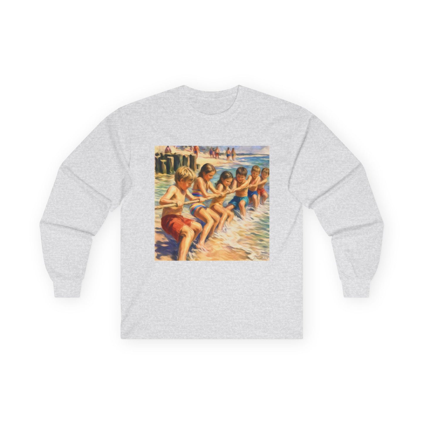 Long Sleeve Tee Front & Back Design — Vintage Americana Beach Scene & “Happy Birthday America”