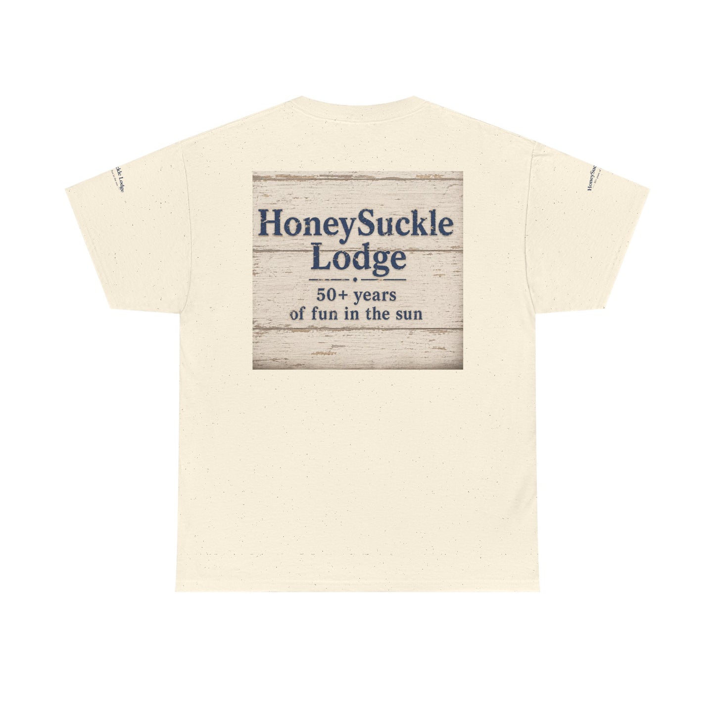 Honeysuckle Lodge Vintage Beach Print tee shirt front/back ("Honeysuckle Lodge - 50+ years of fun in the sun")