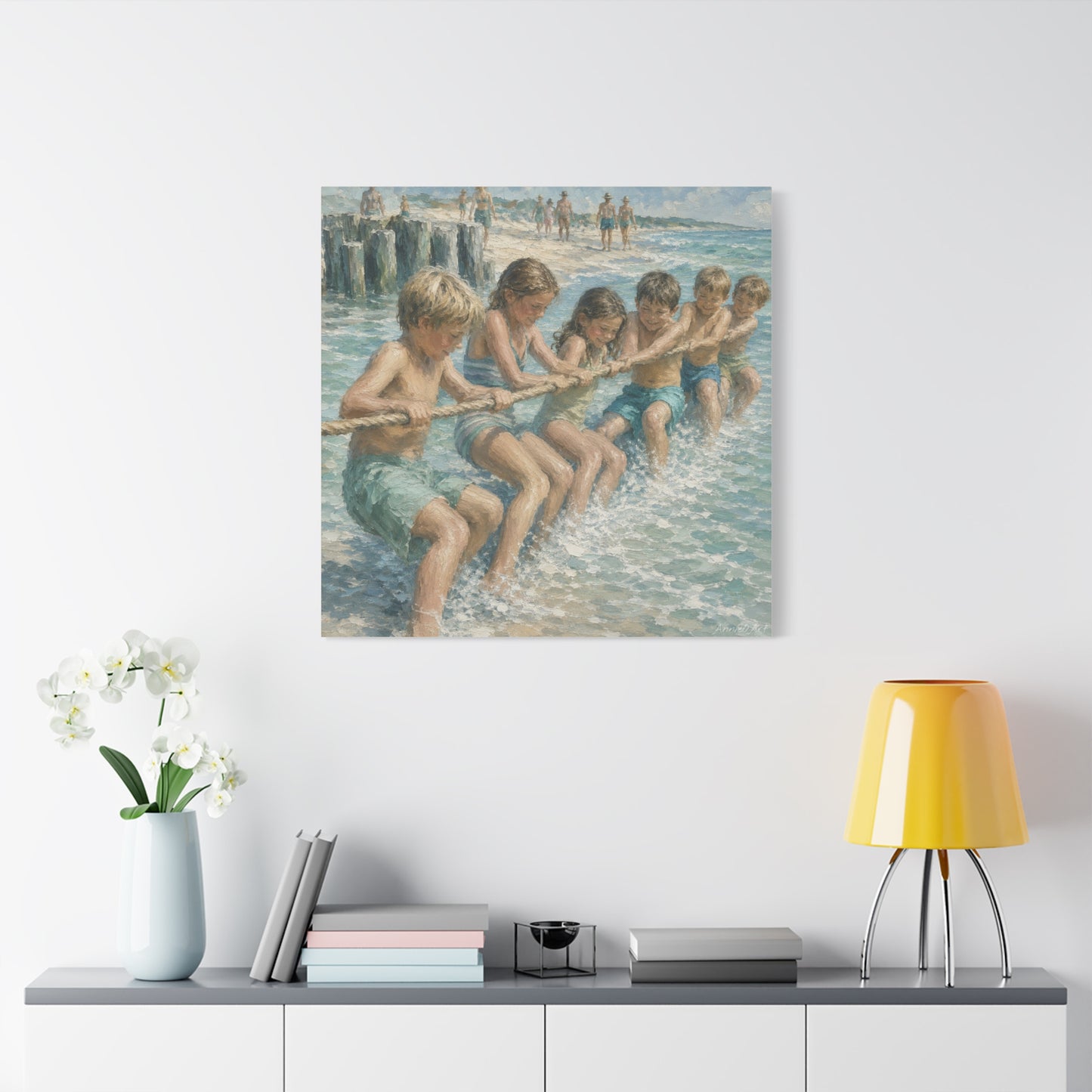 Beach Tug-of-War Matte Canvas Print — Vintage Seaside Children Wall Art
