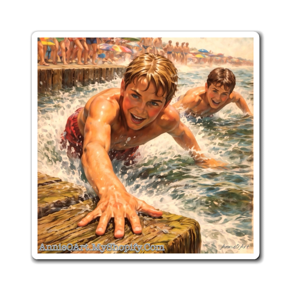Vintage Summer Boys Beach Magnet — Kids Climbing Pier Retro Art Refrigerator Magnet