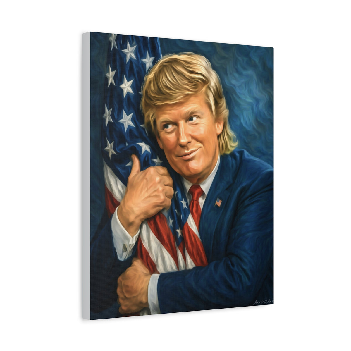 Trump Hugging American Flag— Portrait Canvas