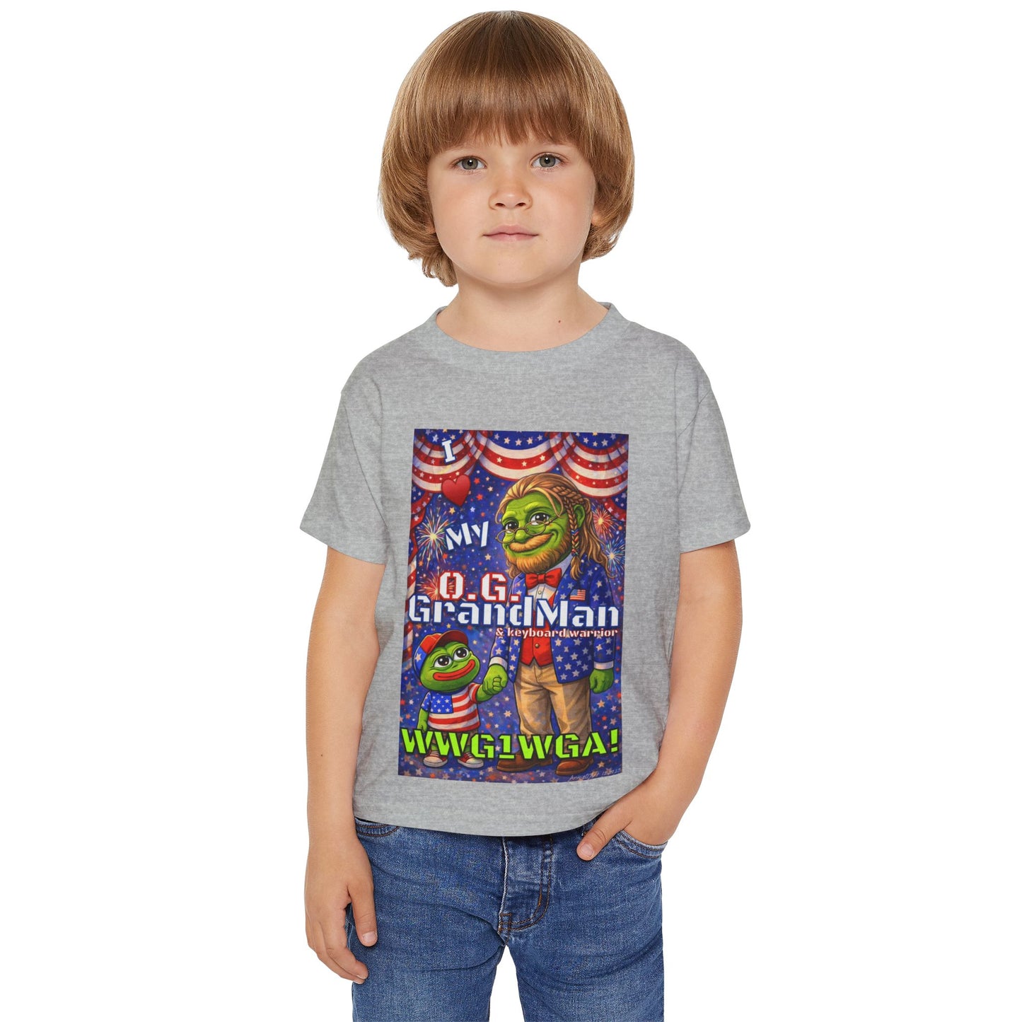 GrandMan/Grandpa Anons & Keyboard Warriors — "I ♥️ My O.G. GrandMan" Patriotic Frog Kids Tee (WWG1WGA)
