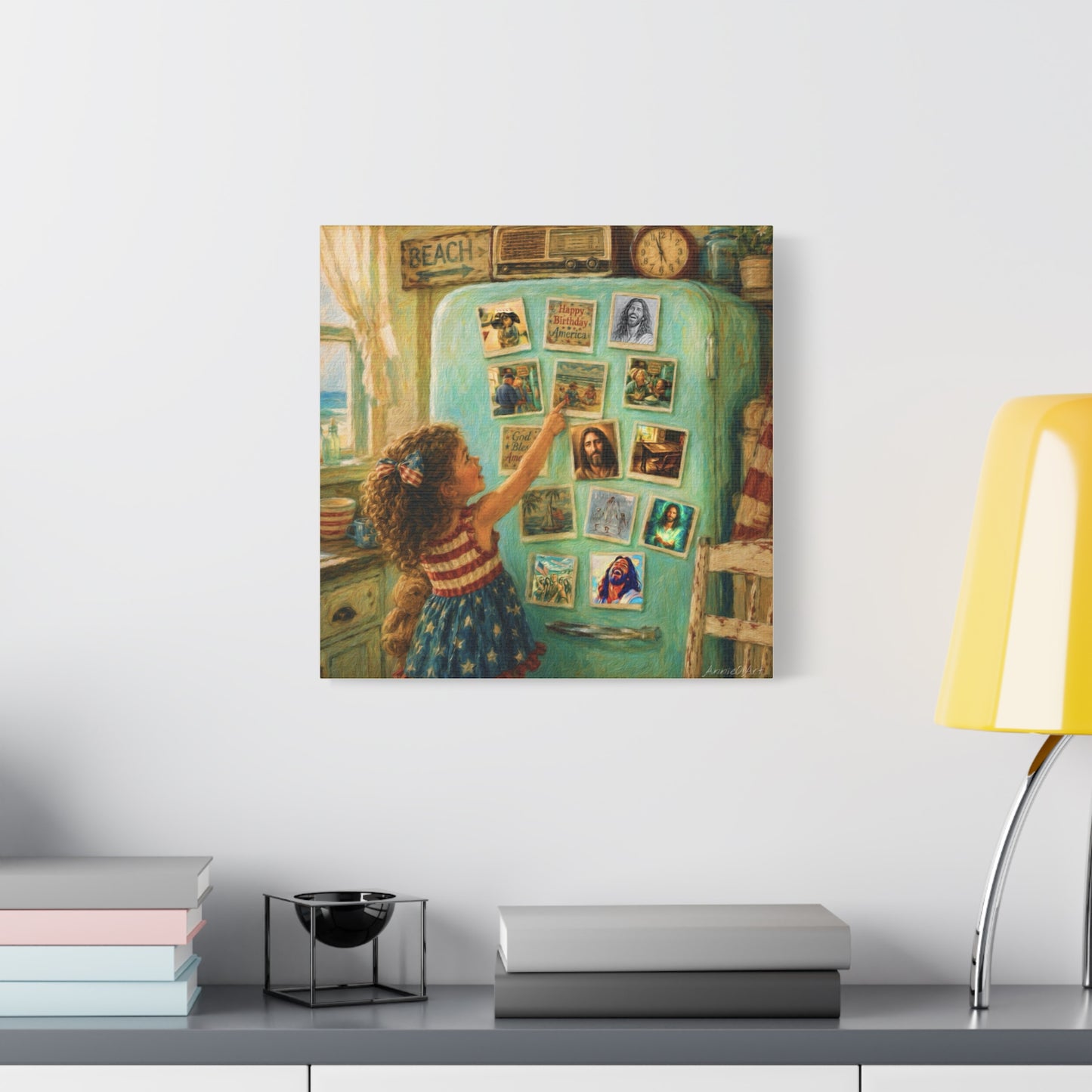Americana Canvas Wall Art — Little Girl Pointing at Magnets on Vintage Fridge (Matte Stretched)