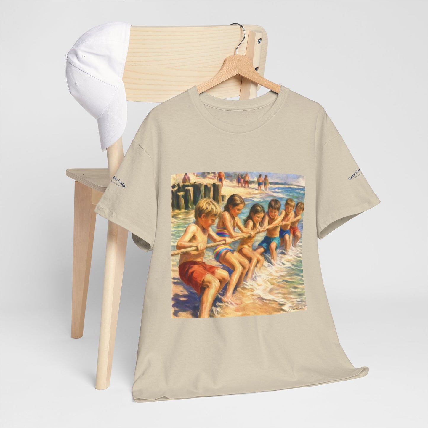 Honeysuckle Lodge Vintage Beach Print tee shirt front/back ("Honeysuckle Lodge - 50+ years of fun in the sun")