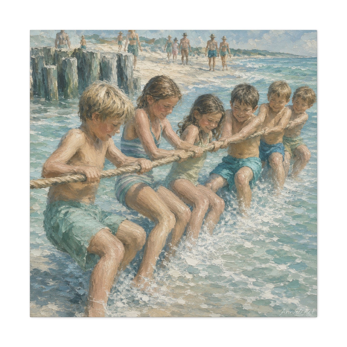 Beach Tug-of-War Matte Canvas Print — Vintage Seaside Children Wall Art