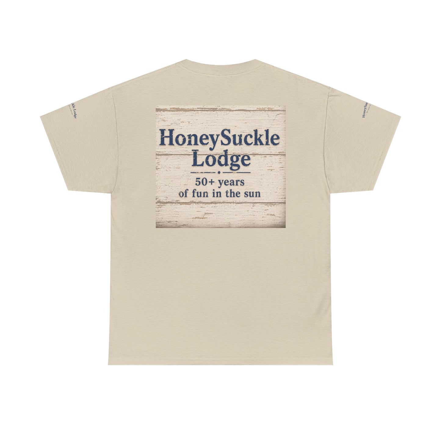 Honeysuckle Lodge Vintage Beach Print tee shirt front/back ("Honeysuckle Lodge - 50+ years of fun in the sun")