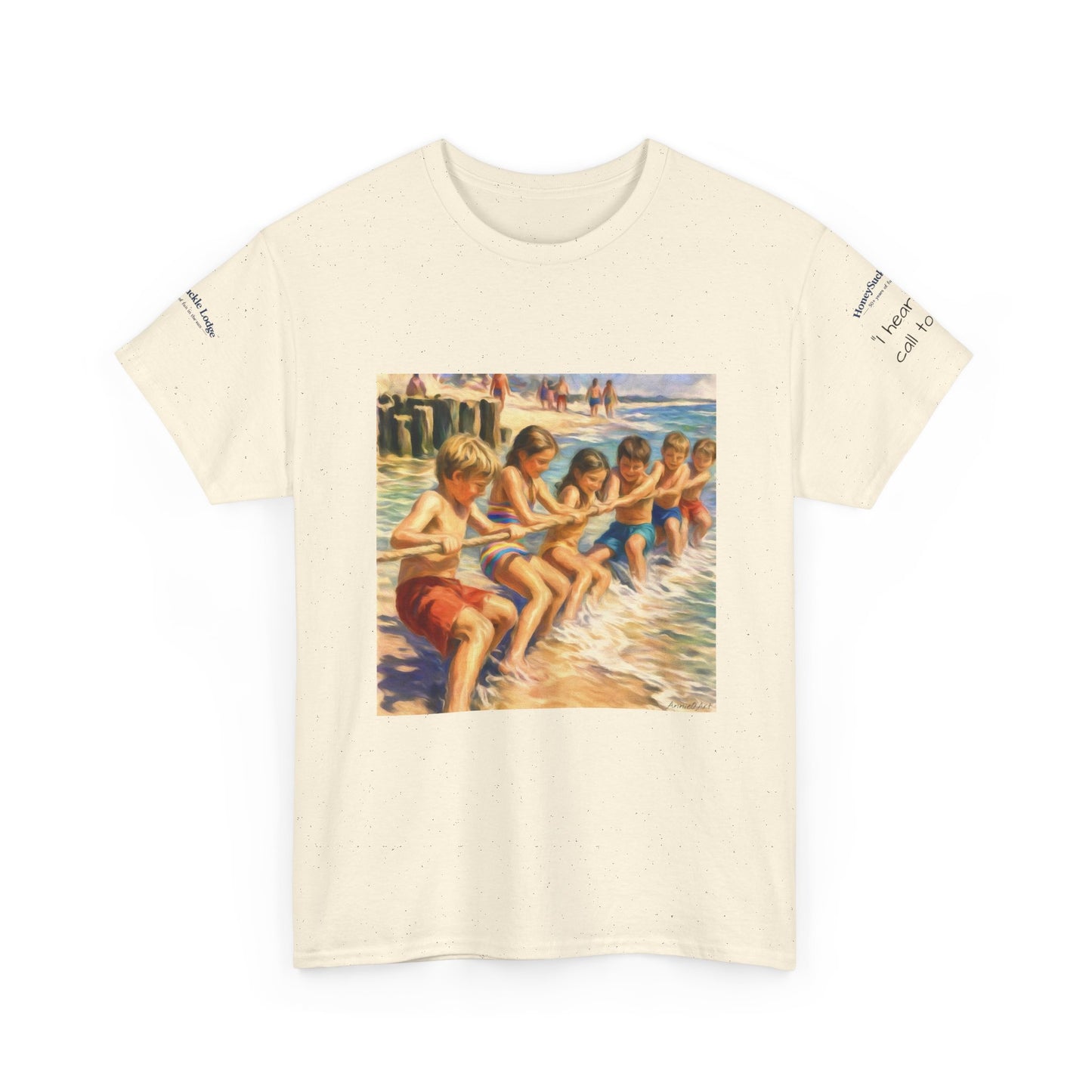 HoneySuckle Lodge Vintage Beach T-Shirt — "50+ years of fun in the sun" Retro Kids on Shore Design