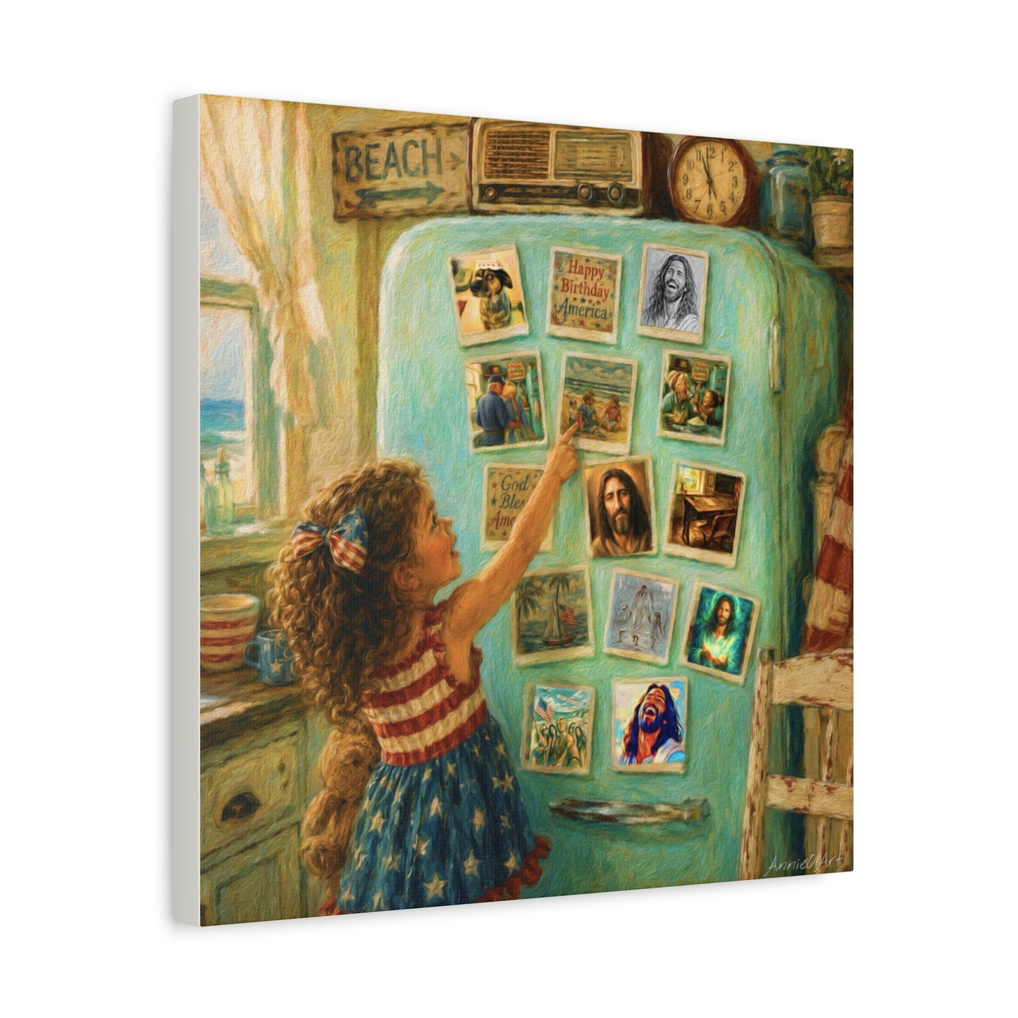 Americana Canvas Wall Art — Little Girl Pointing at Magnets on Vintage Fridge (Matte Stretched)