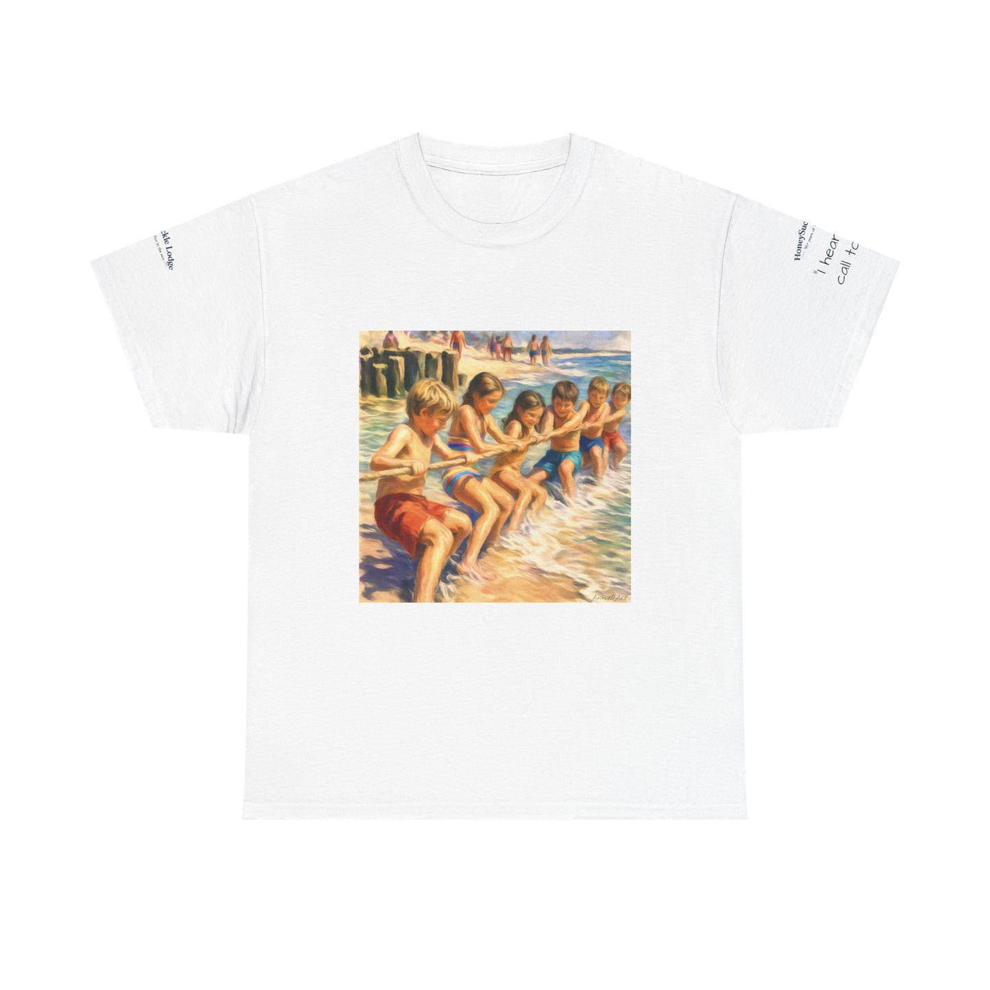 HoneySuckle Lodge Vintage Beach T-Shirt — "50+ years of fun in the sun" Retro Kids on Shore Design