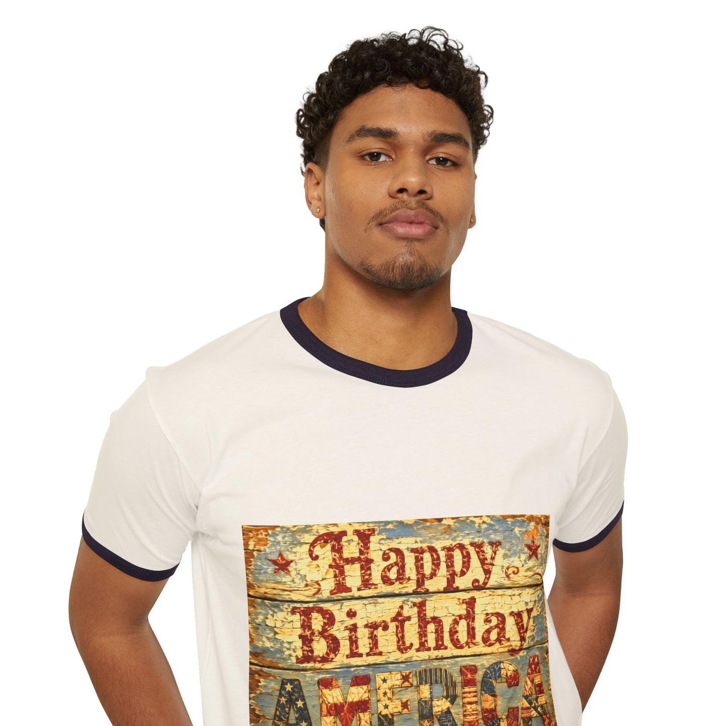 Happy Birthday America Ringer T-Shirt — Vintage Patriotic Couple Design